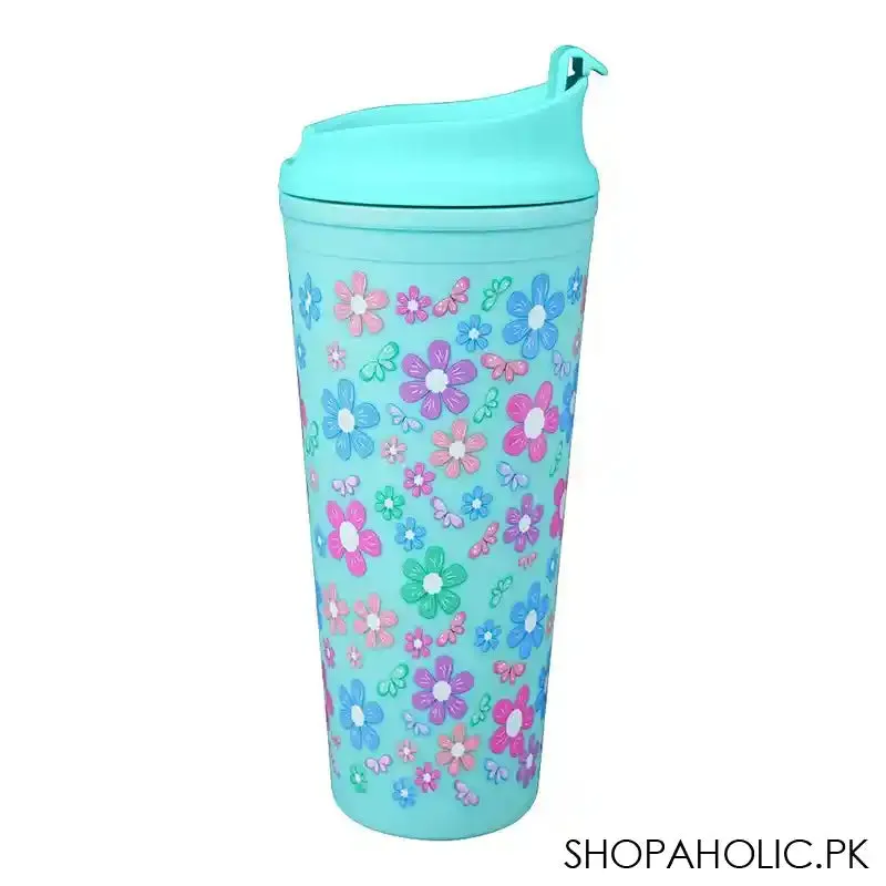 Floral BPA Free Plastic Water Bottle With Straw, Green, 900ml Capacity, NL1301