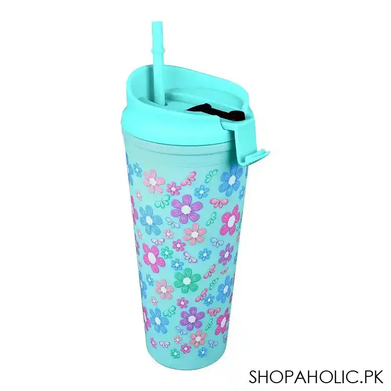 Floral BPA Free Plastic Water Bottle With Straw, Green, 900ml Capacity, NL1301