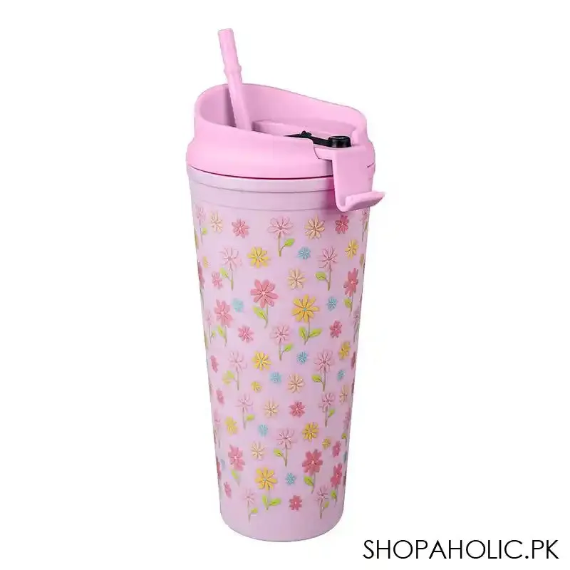 Floral BPA Free Plastic Water Bottle With Straw, Light Pink, 900ml Capacity, NL1301