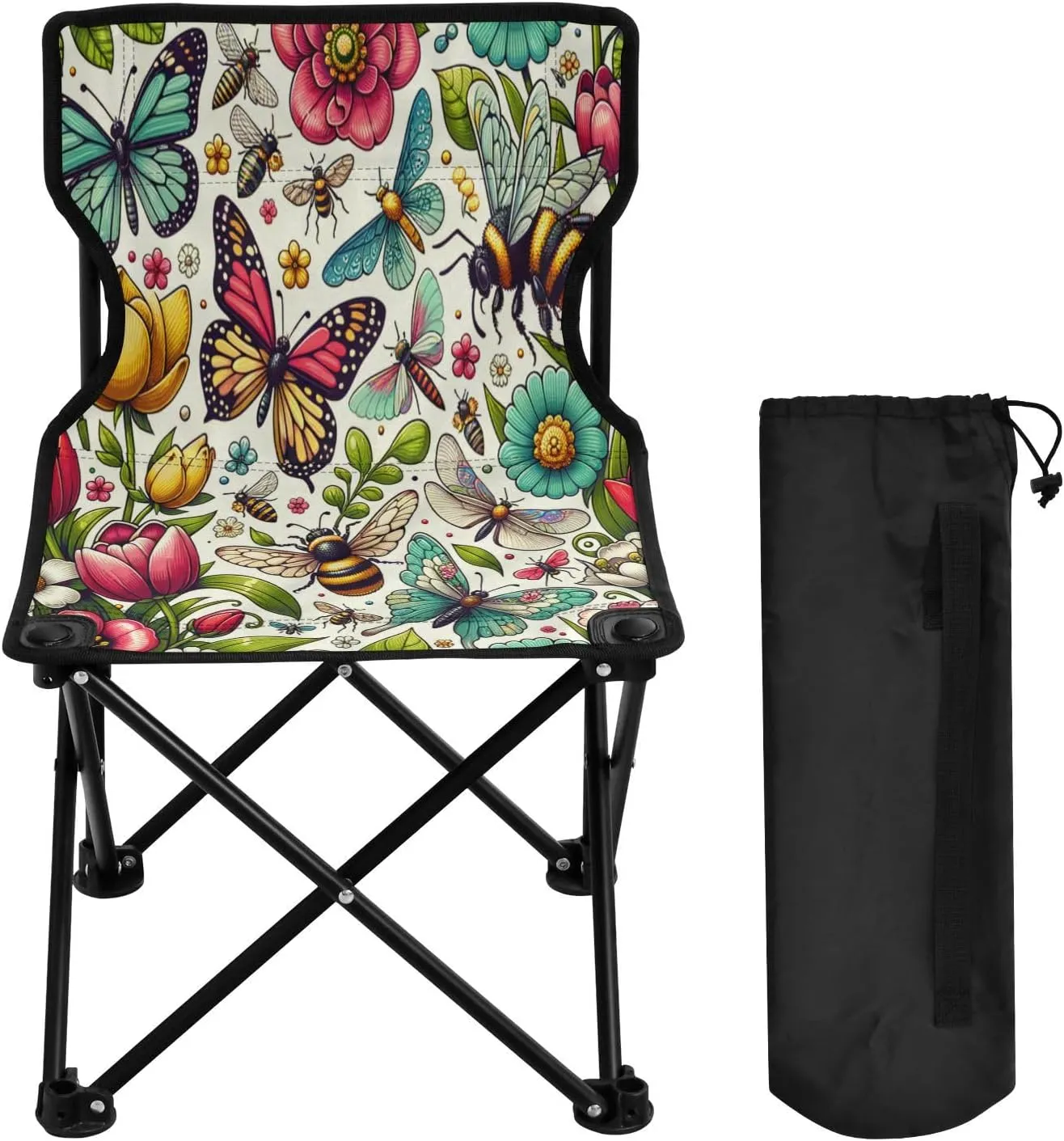 Flower Butterfly Dragonfly Portable Outdoor Folding Chair Anti-Slip Padded Oxford Cloth Stool Camping Chair Small for Beach Hiking Fishing Gardening Quad Camp Chair