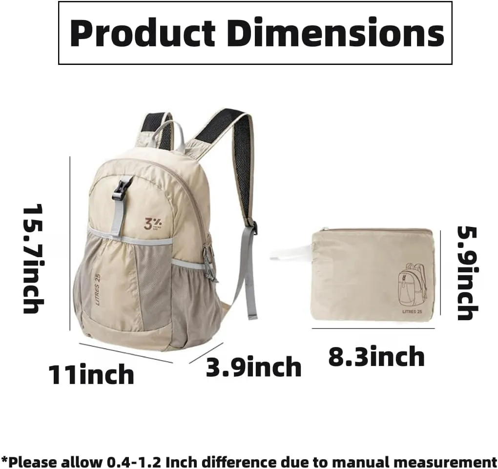 Foldable Backpack for Outdoor Hiking, Climbing, Travel - 25L Capacity, Ergonomic Design, Fashionable & Portable (Khaki)