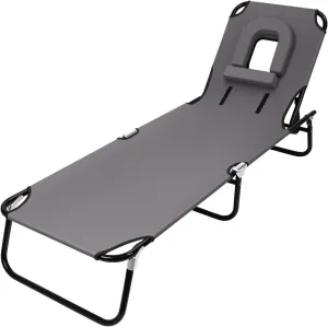 Foldable Camping Cot for Adult Reclining Folding Camping Cot Bed, Heavy Duty Lounger Chair with Face Hole, Height Adjustable, Removable Pillow, Sleeping Cot for Patio, Poolside, Lawn, Beach