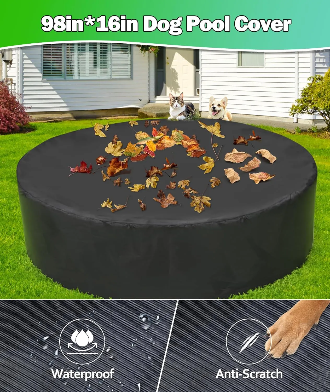 Foldable Dog Pool Cover, Hyperzoo Swimming Pool Cover for Kids and Pets, Collapsible Dog Bath Pool Cover, Inflatable Paddling Cover, Tear Resistant Fade Resistant Waterproof Prevent Leaves (98inch)