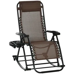 Foldable Reclining Zero Gravity Lounge Rockers w/ Pillow, Cup Holder, Brown