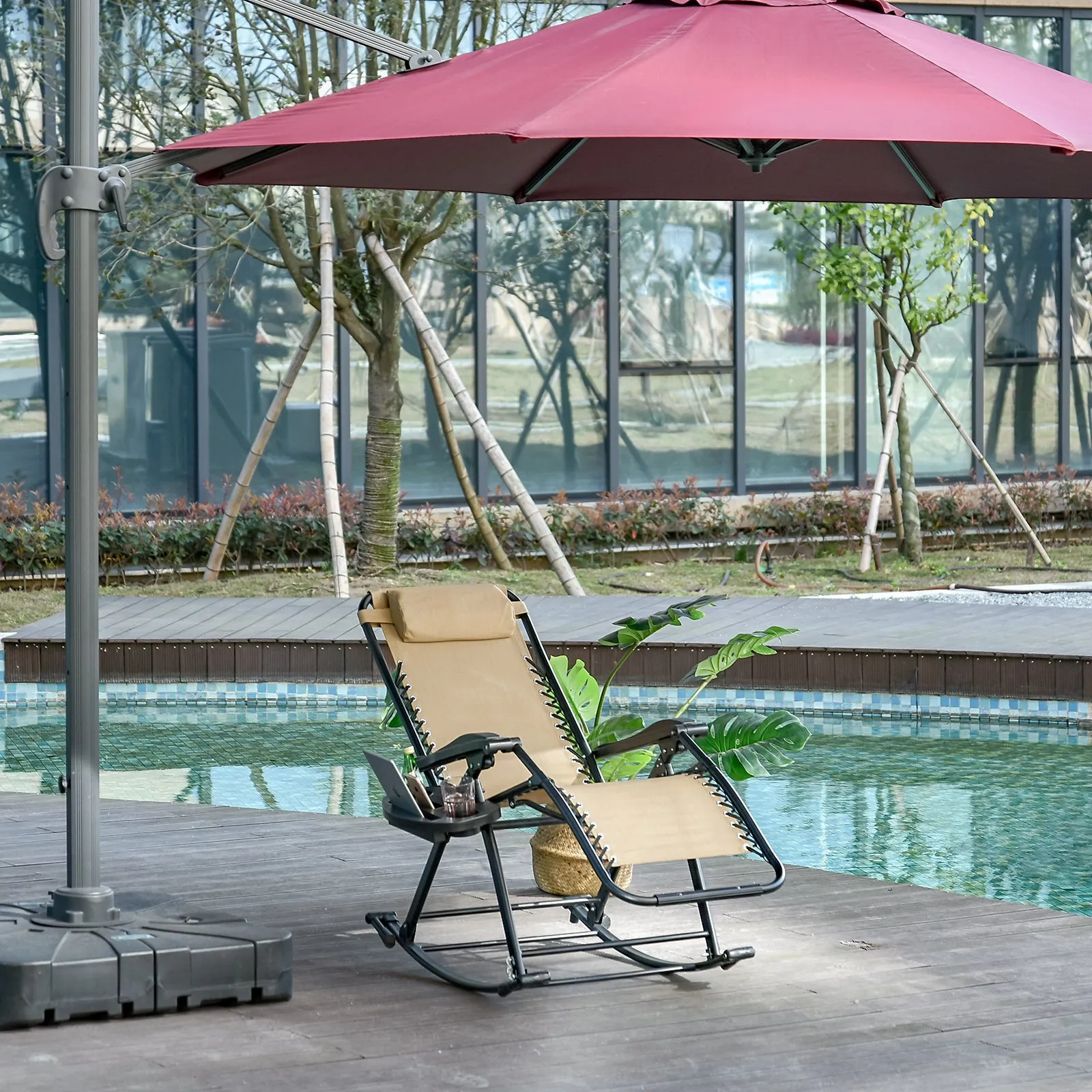 Foldable Reclining Zero Gravity Rocker, Pillow, Cup & Phone Holder, Beige
