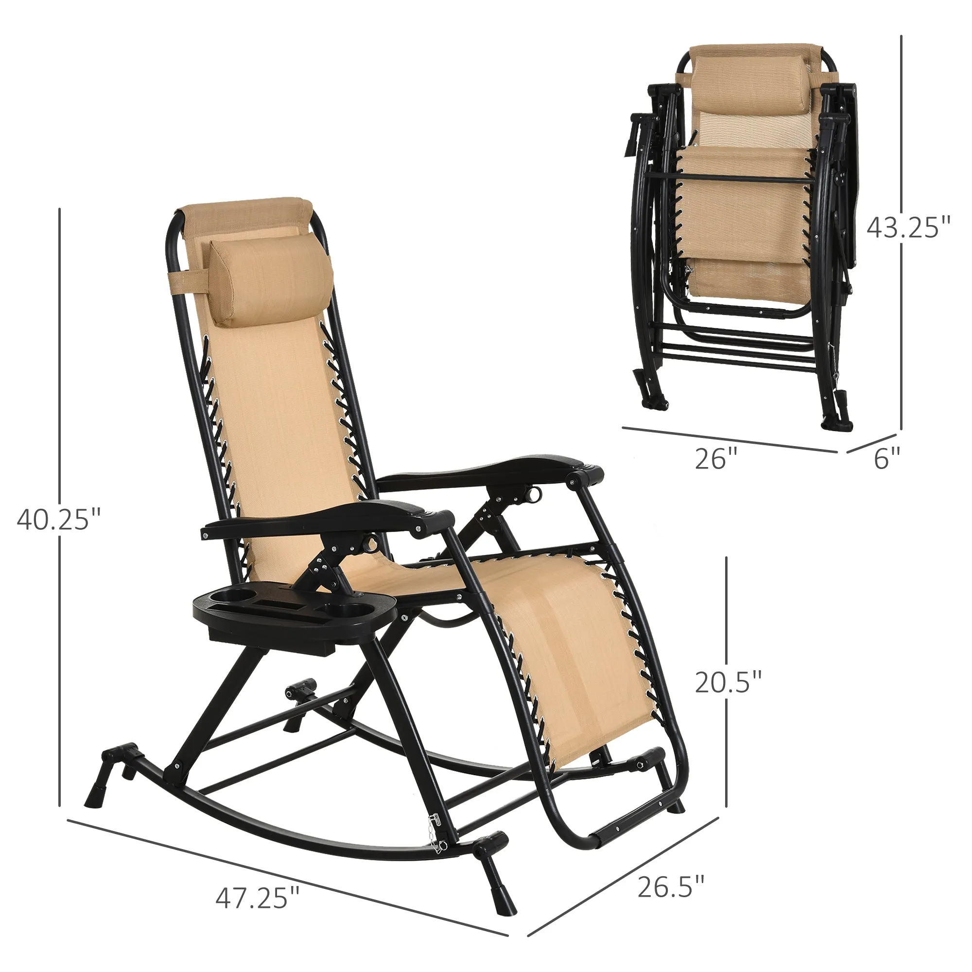 Foldable Reclining Zero Gravity Rocker, Pillow, Cup & Phone Holder, Beige