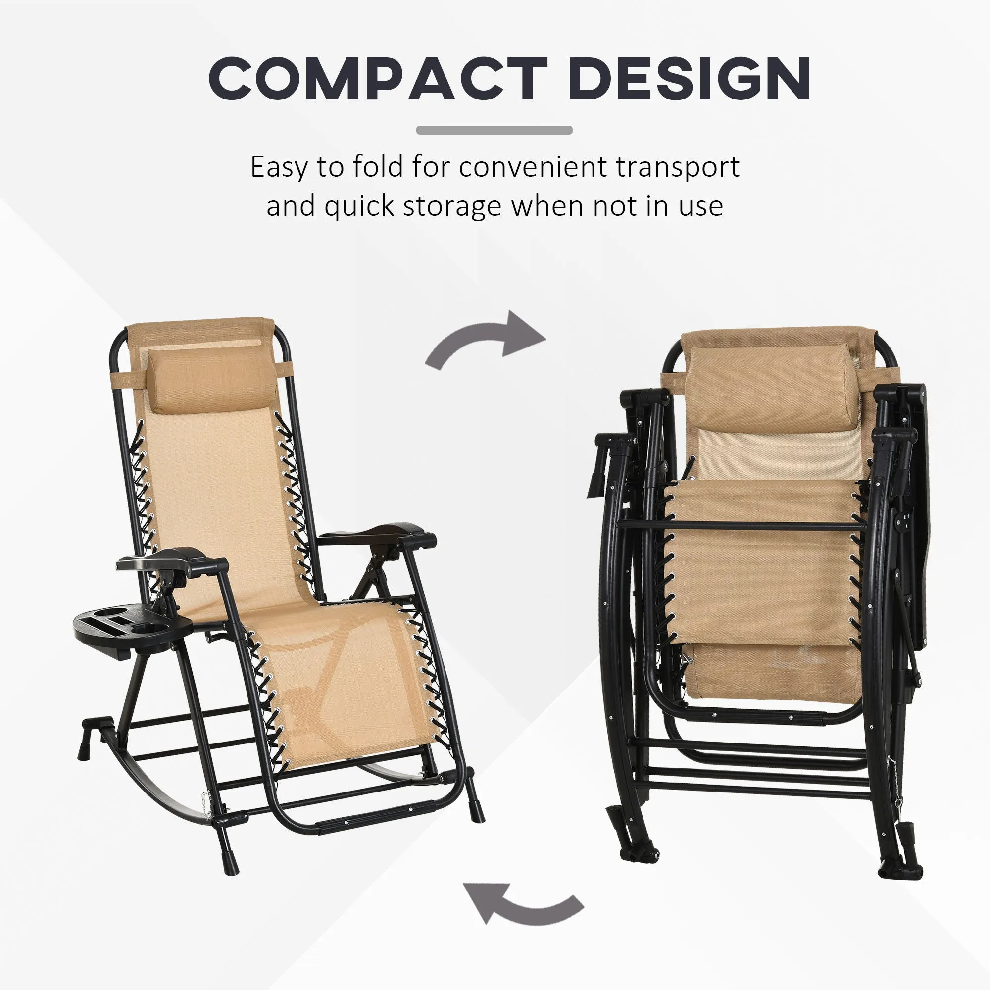 Foldable Reclining Zero Gravity Rocker, Pillow, Cup & Phone Holder, Beige