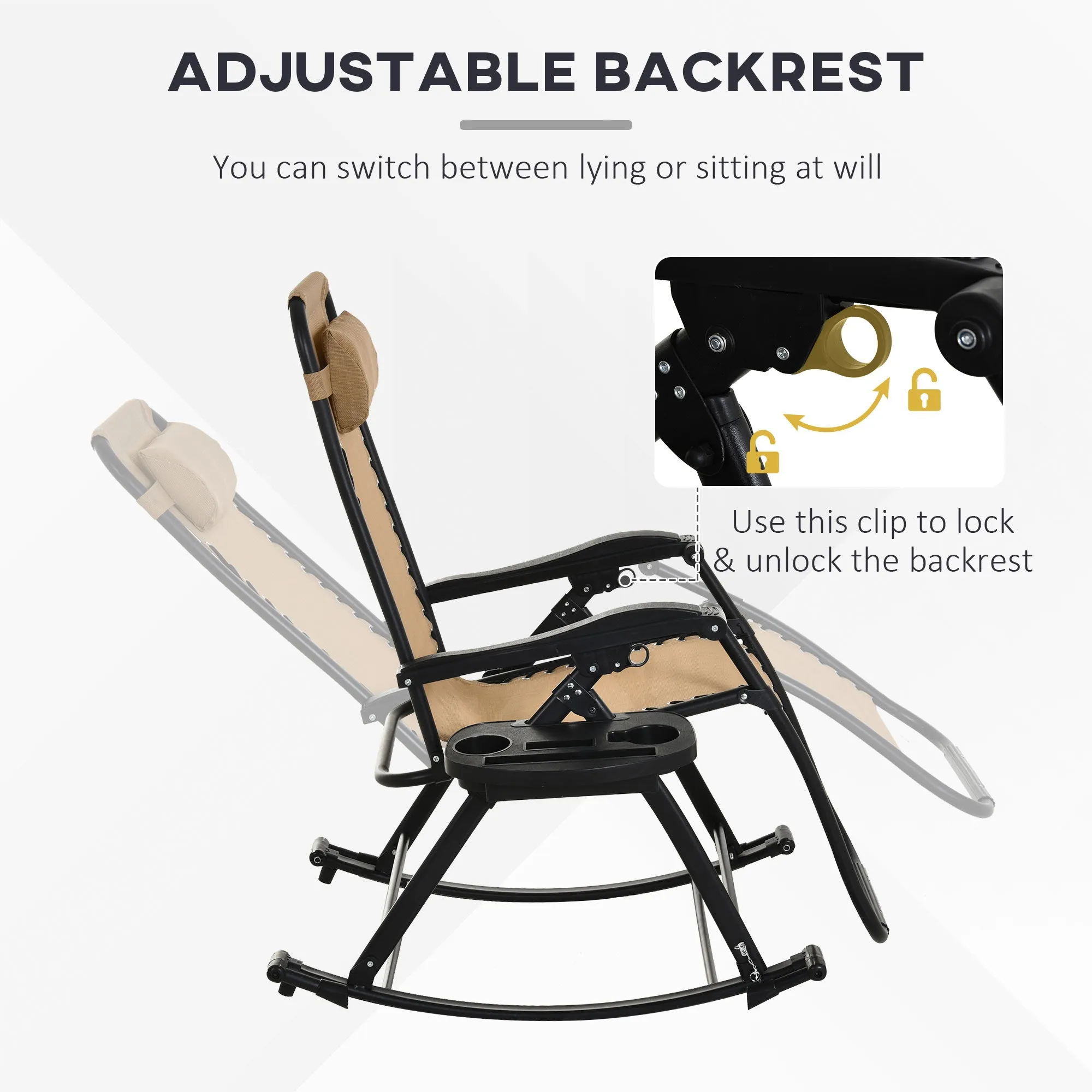 Foldable Reclining Zero Gravity Rocker, Pillow, Cup & Phone Holder, Beige