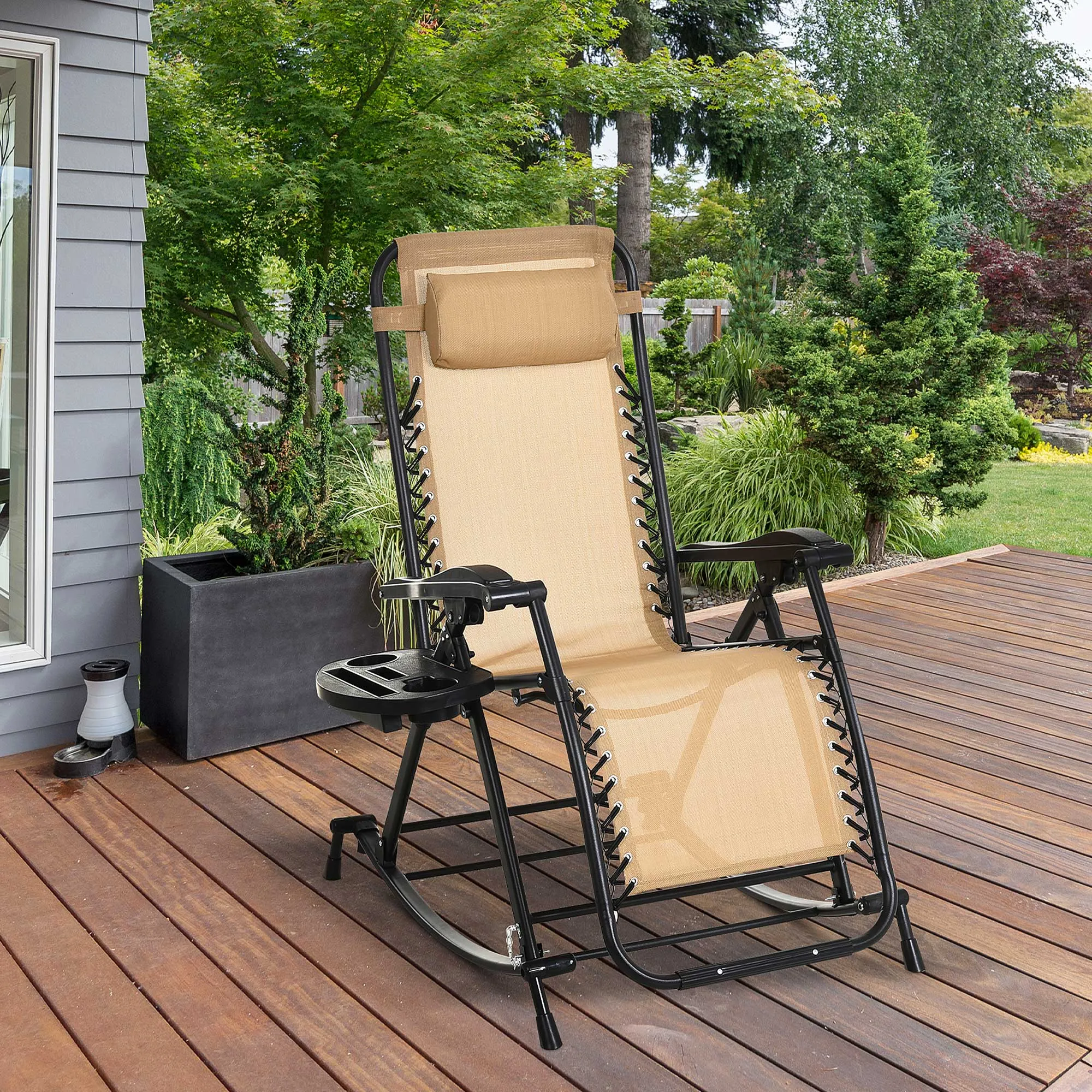 Foldable Reclining Zero Gravity Rocker, Pillow, Cup & Phone Holder, Beige