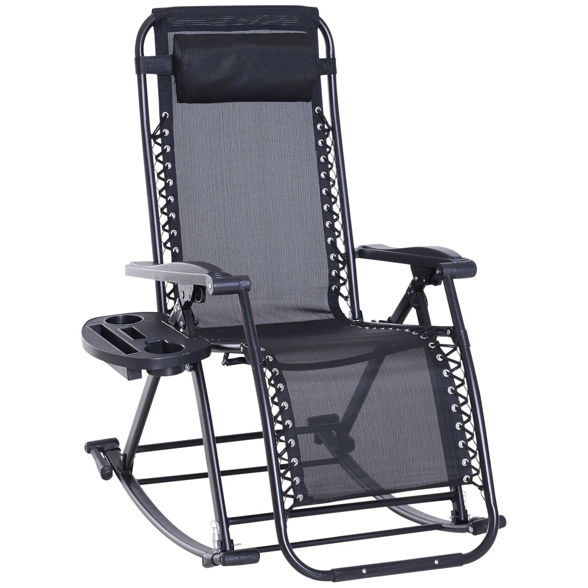 Foldable Reclining Zero Gravity Rocker, Pillow, Cup & Phone Holder, Black