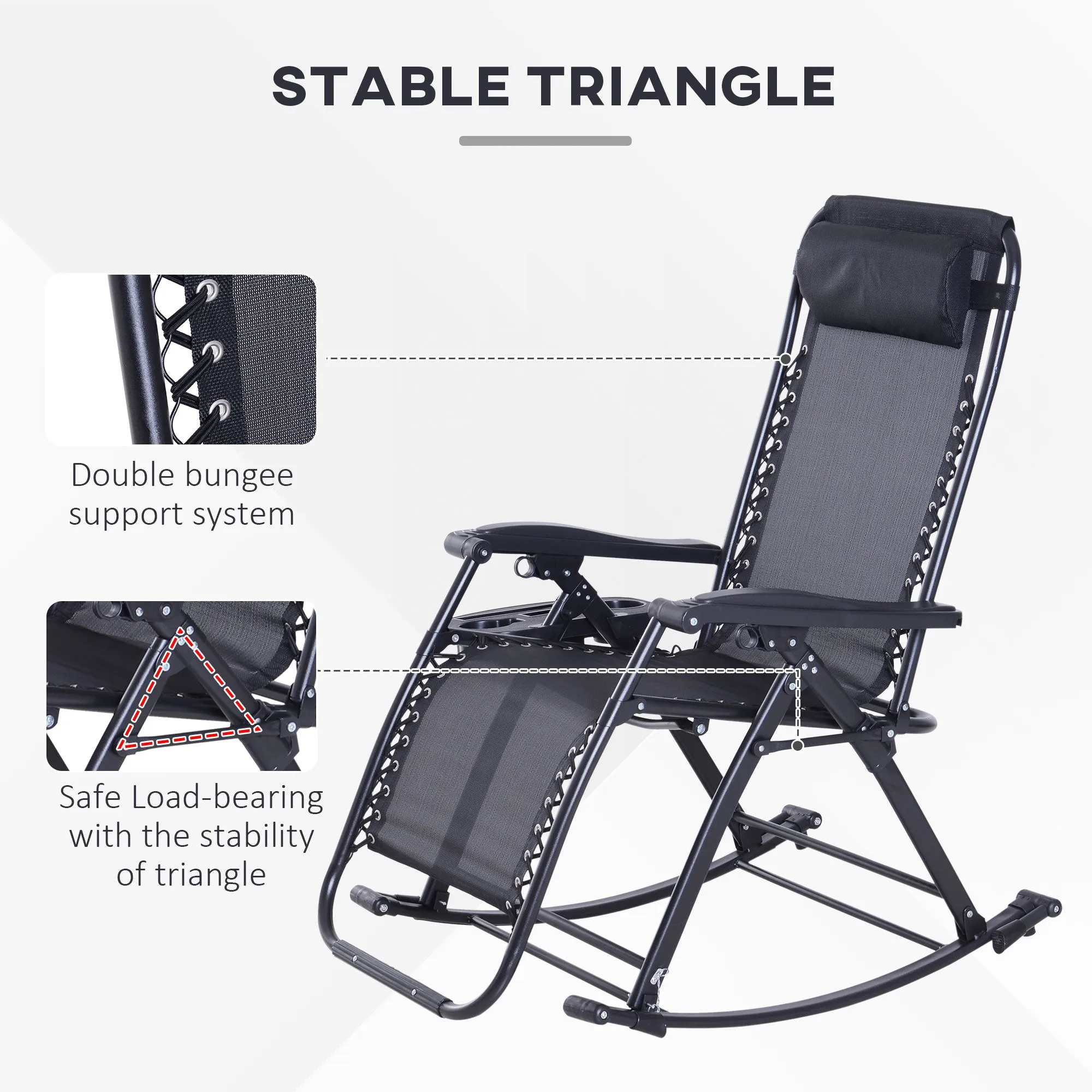 Foldable Reclining Zero Gravity Rocker, Pillow, Cup & Phone Holder, Black