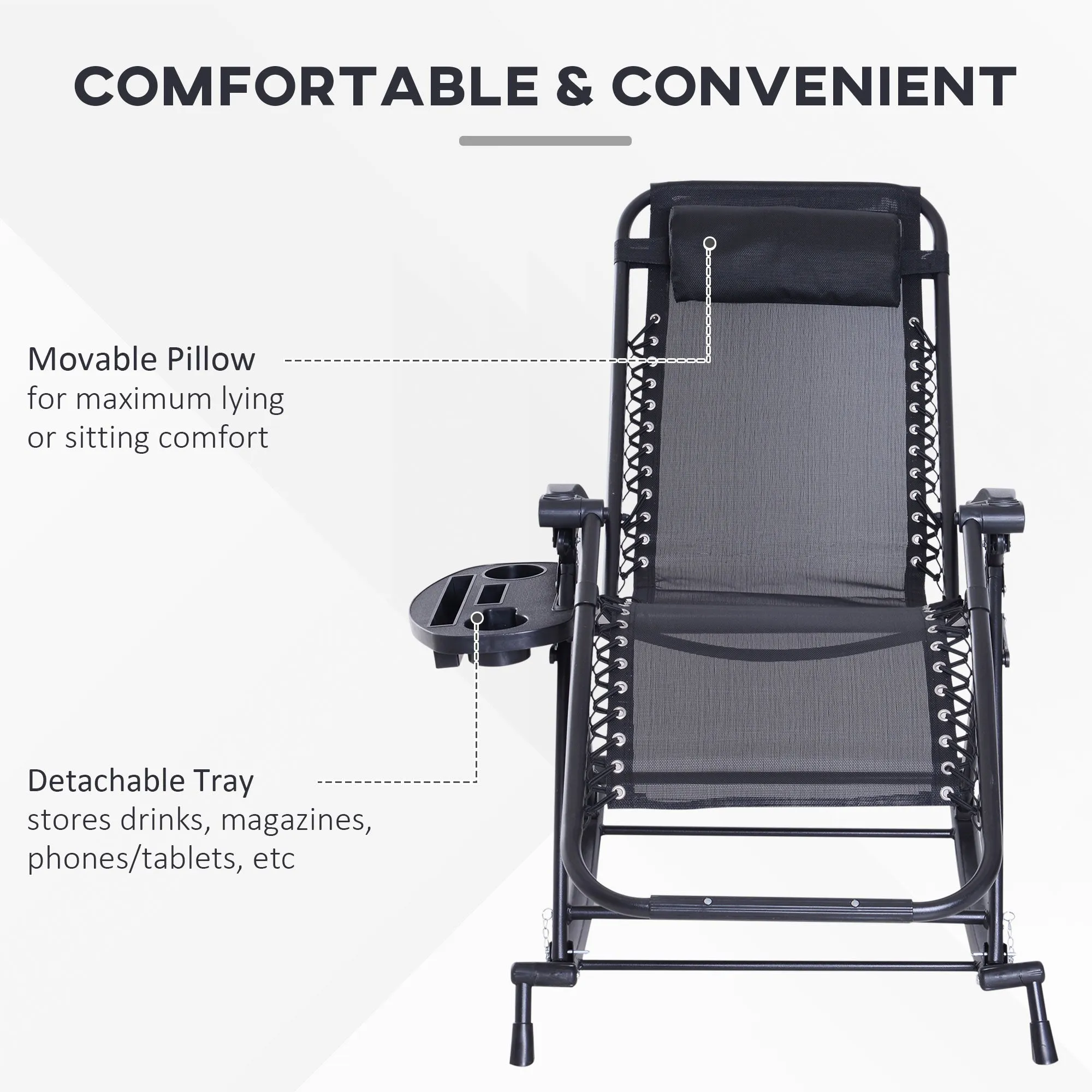 Foldable Reclining Zero Gravity Rocker, Pillow, Cup & Phone Holder, Black
