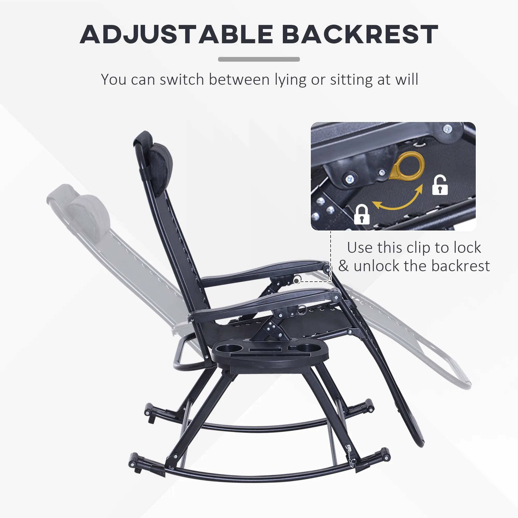 Foldable Reclining Zero Gravity Rocker, Pillow, Cup & Phone Holder, Black