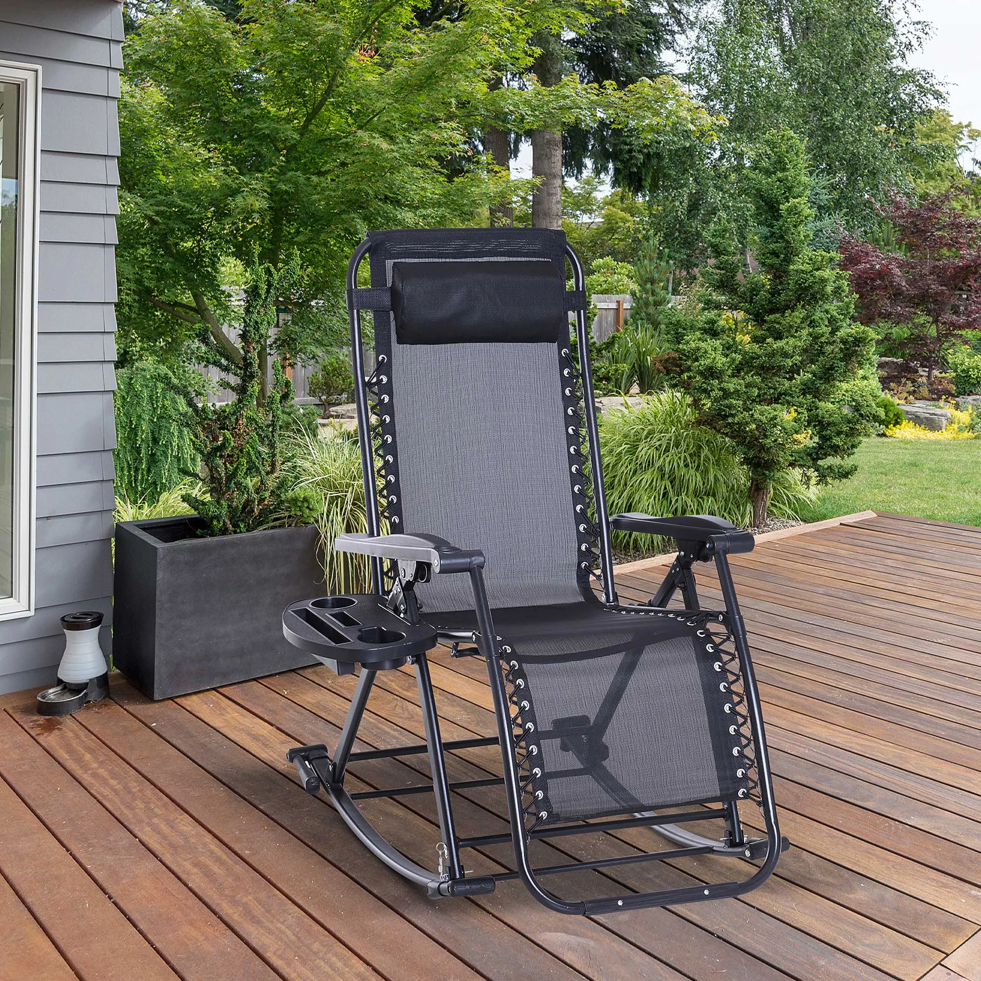 Foldable Reclining Zero Gravity Rocker, Pillow, Cup & Phone Holder, Black