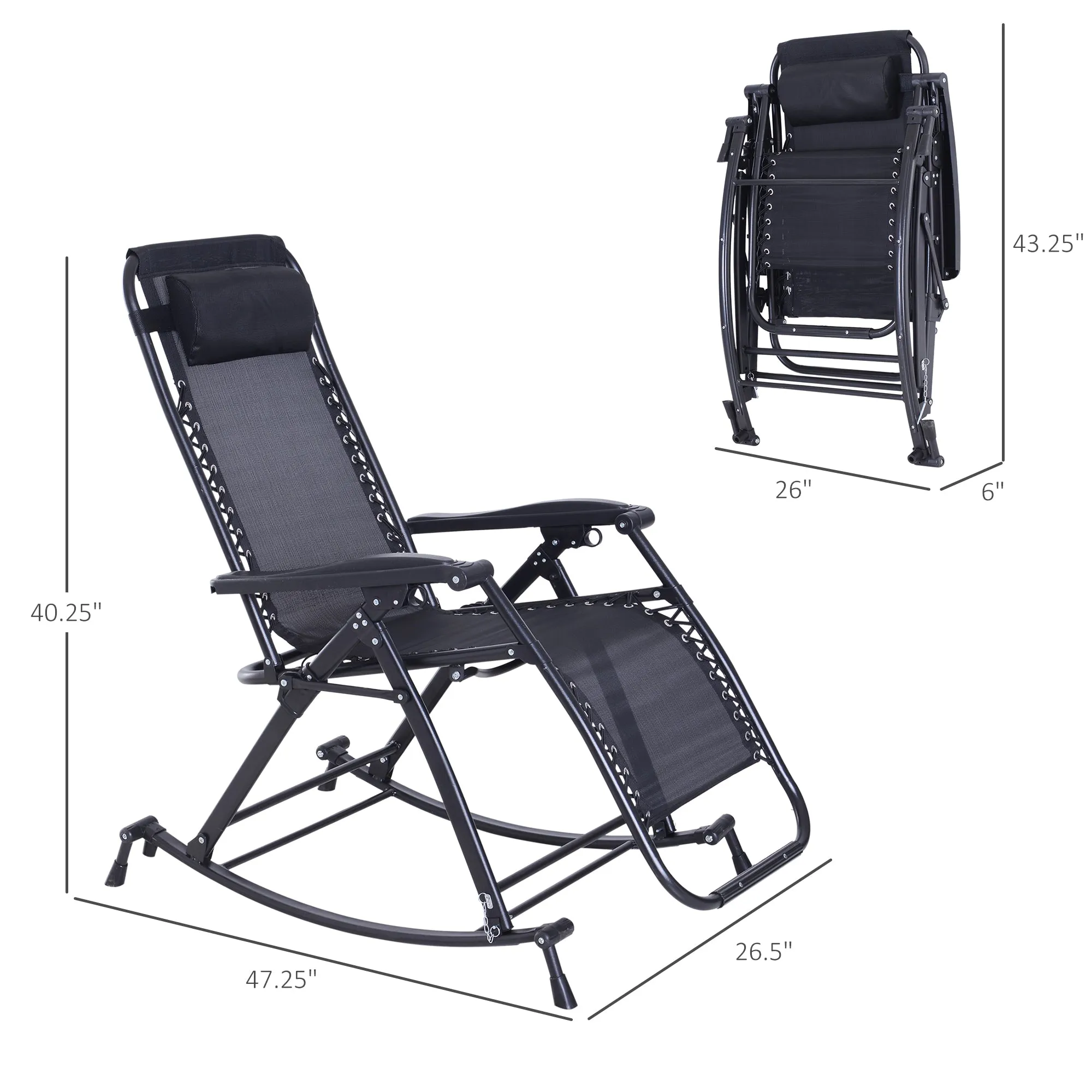 Foldable Reclining Zero Gravity Rocker, Pillow, Cup & Phone Holder, Black