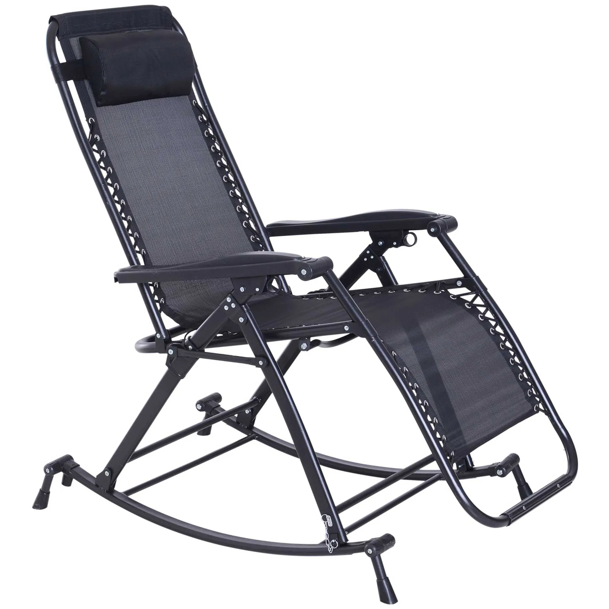 Foldable Reclining Zero Gravity Rocker, Pillow, Cup & Phone Holder, Black