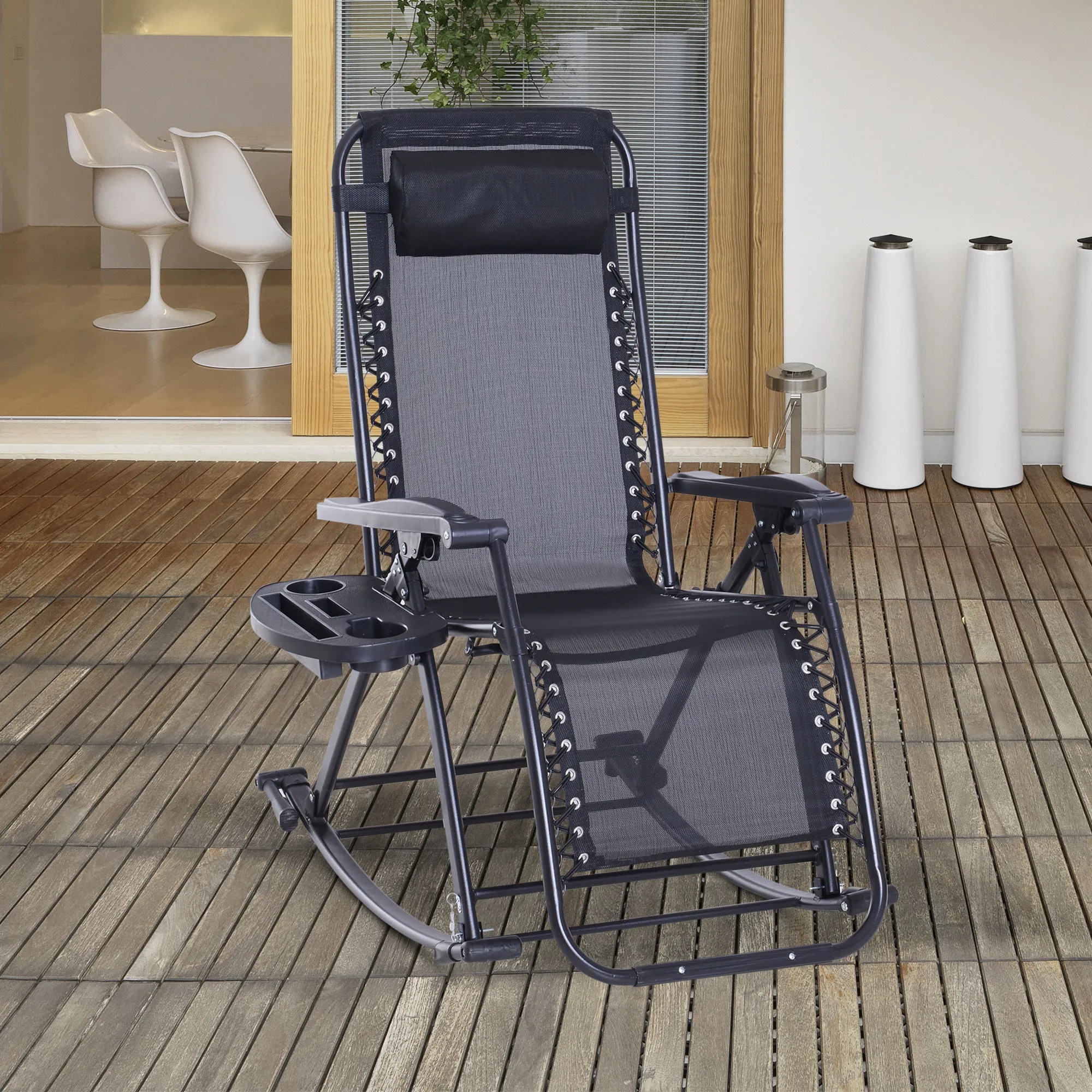Foldable Reclining Zero Gravity Rocker, Pillow, Cup & Phone Holder, Black