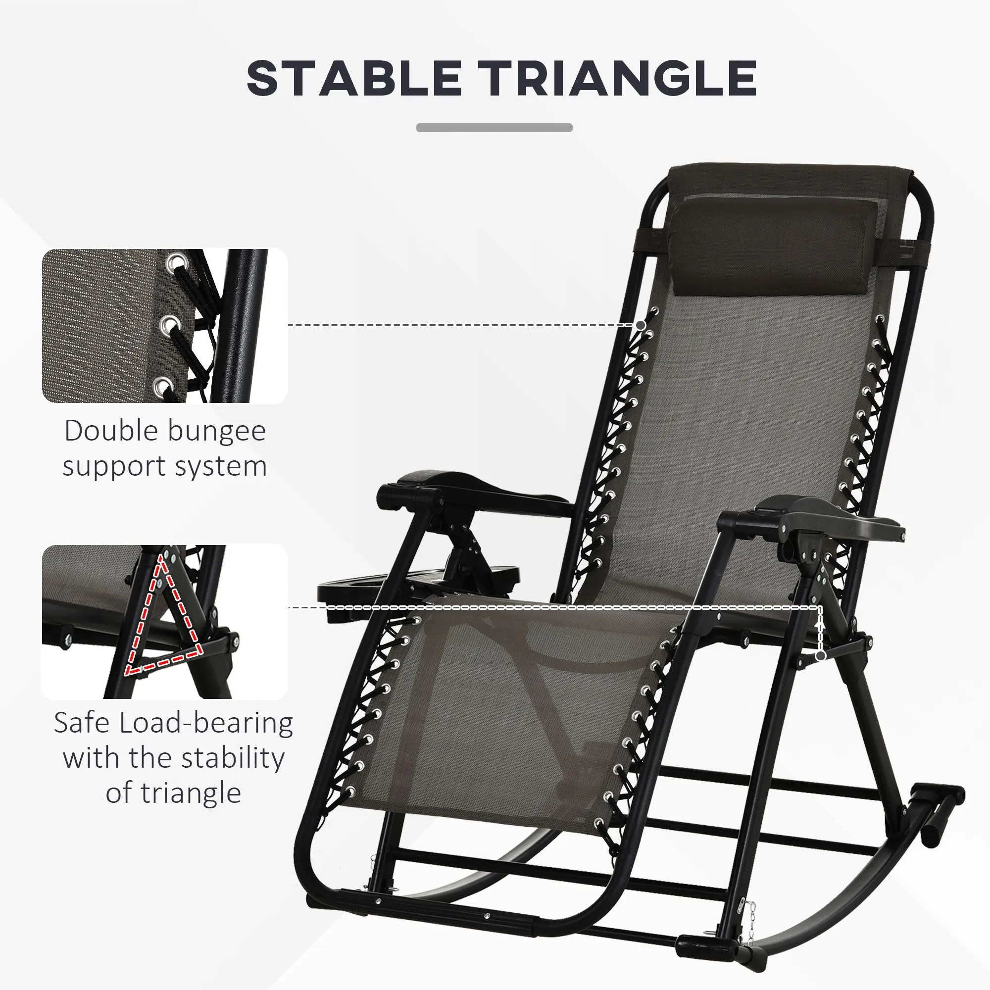 Foldable Reclining Zero Gravity Rocker, Pillow, Cup & Phone Holder, Gray