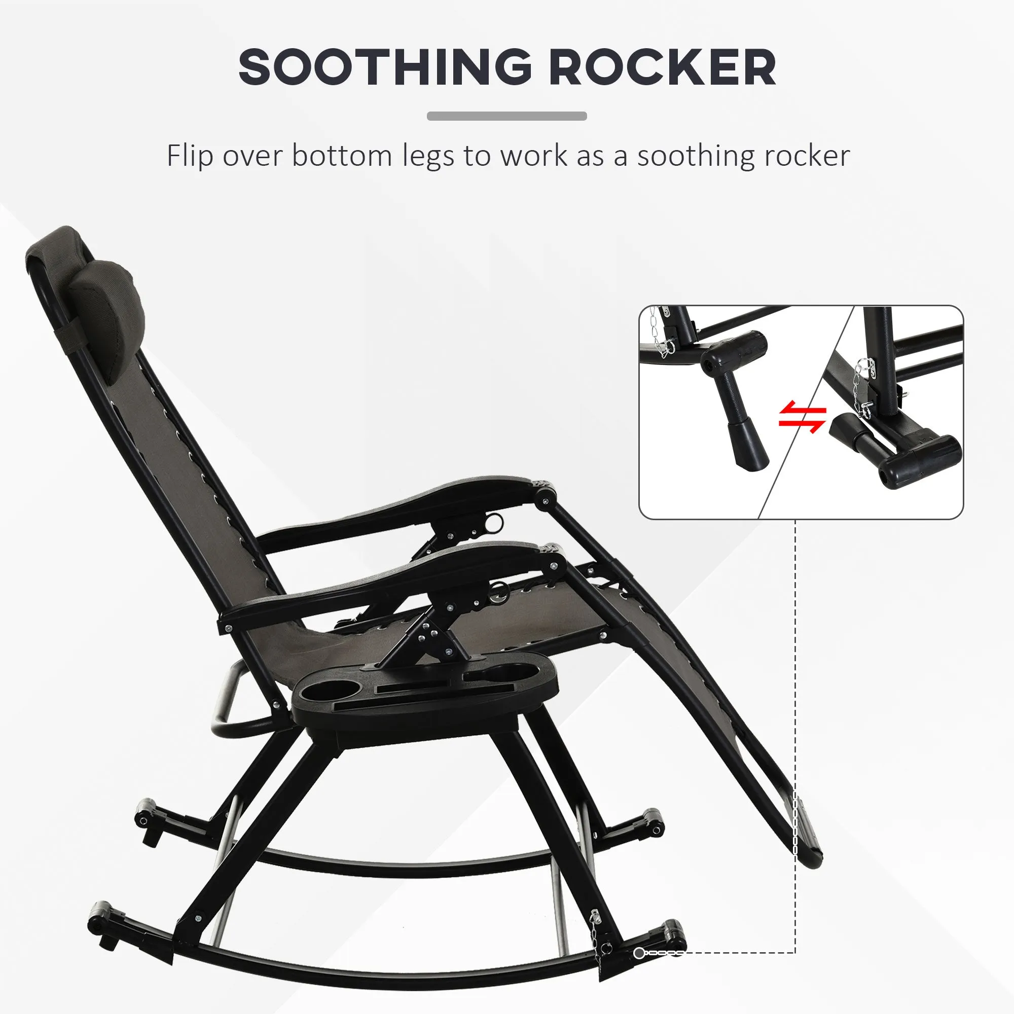 Foldable Reclining Zero Gravity Rocker, Pillow, Cup & Phone Holder, Gray