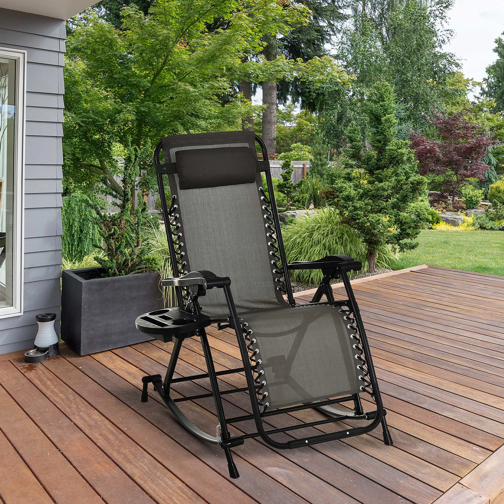 Foldable Reclining Zero Gravity Rocker, Pillow, Cup & Phone Holder, Gray