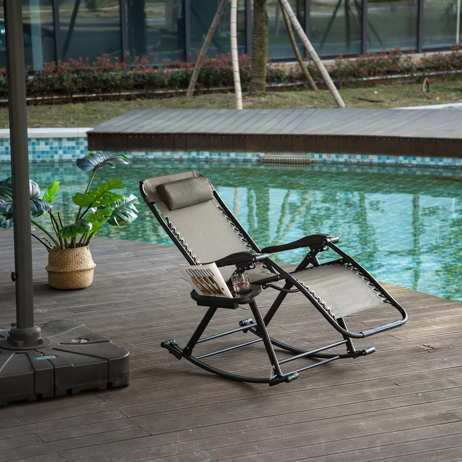 Foldable Reclining Zero Gravity Rocker, Pillow, Cup & Phone Holder, Gray