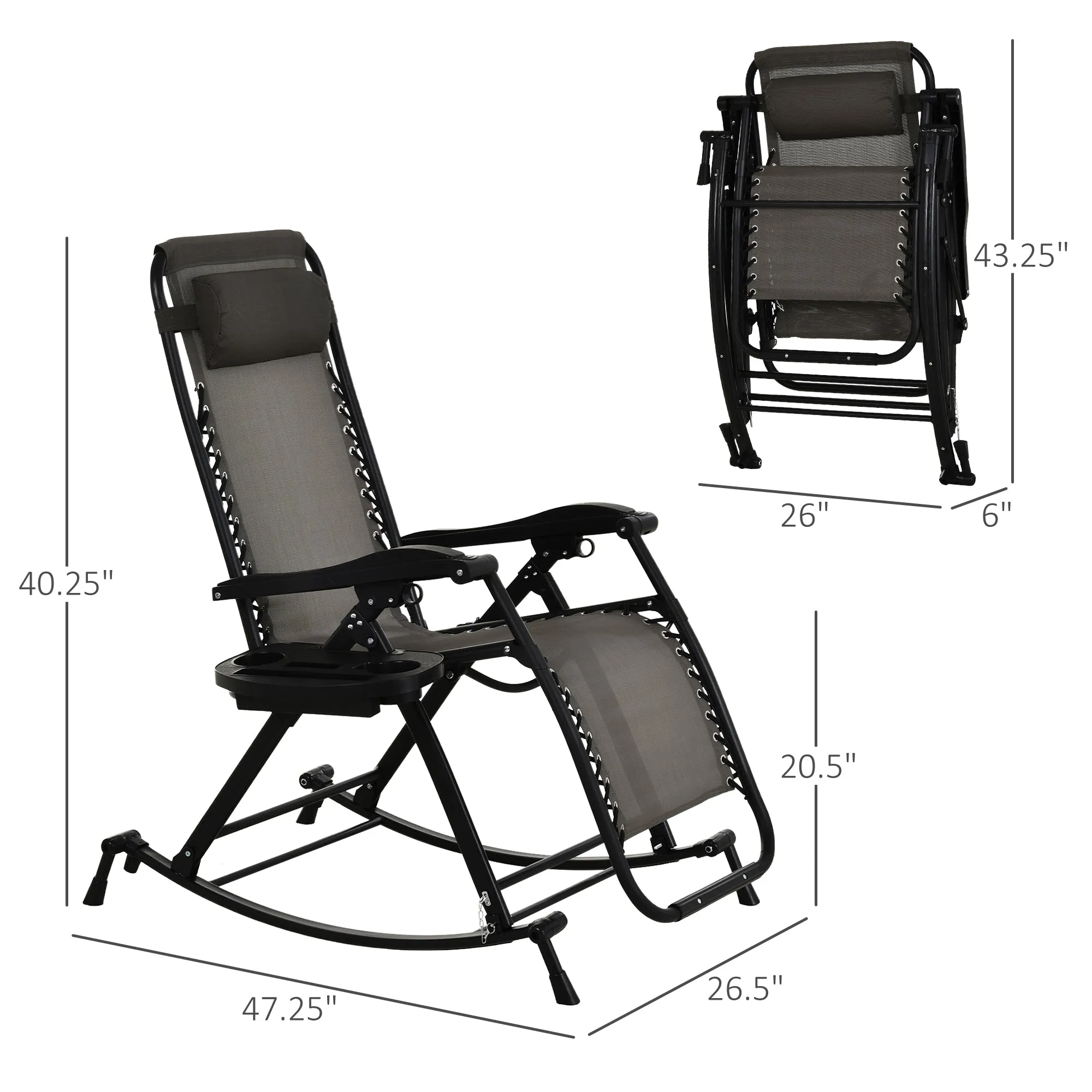 Foldable Reclining Zero Gravity Rocker, Pillow, Cup & Phone Holder, Gray