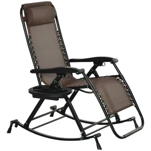 Foldable Zero Gravity Rocking Chair with Pillow, Cup & Phone Holder - Outdoor Reclining Lounge Rocker in Brown