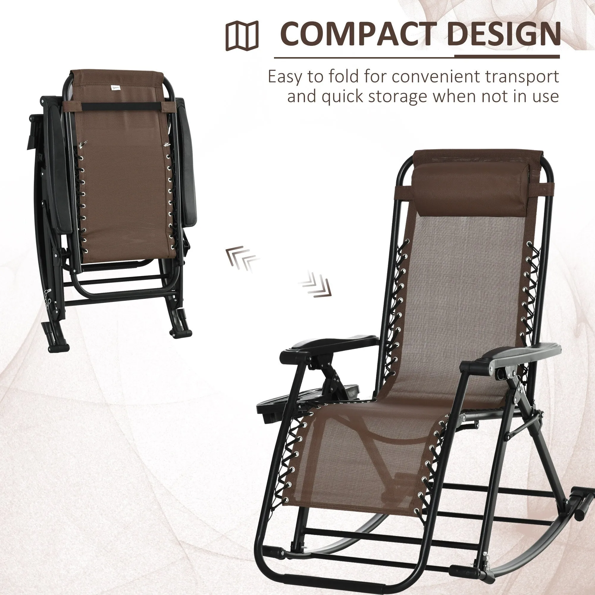 Foldable Zero Gravity Rocking Chair with Pillow, Cup & Phone Holder - Outdoor Reclining Lounge Rocker in Brown