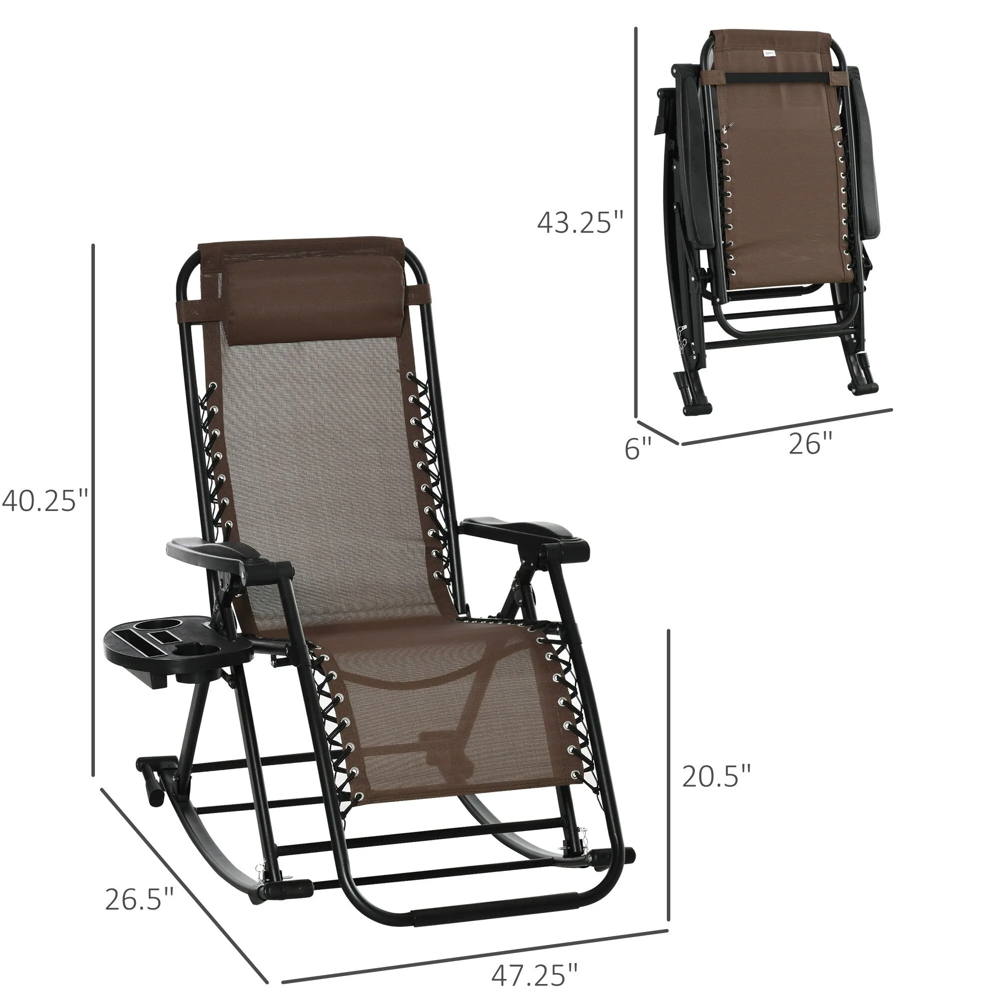 Foldable Zero Gravity Rocking Chair with Pillow, Cup & Phone Holder - Outdoor Reclining Lounge Rocker in Brown