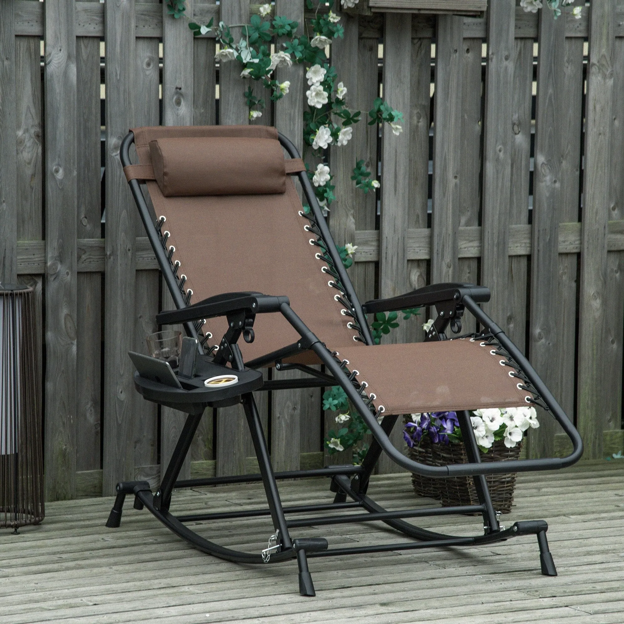 Foldable Zero Gravity Rocking Chair with Pillow, Cup & Phone Holder - Outdoor Reclining Lounge Rocker in Brown