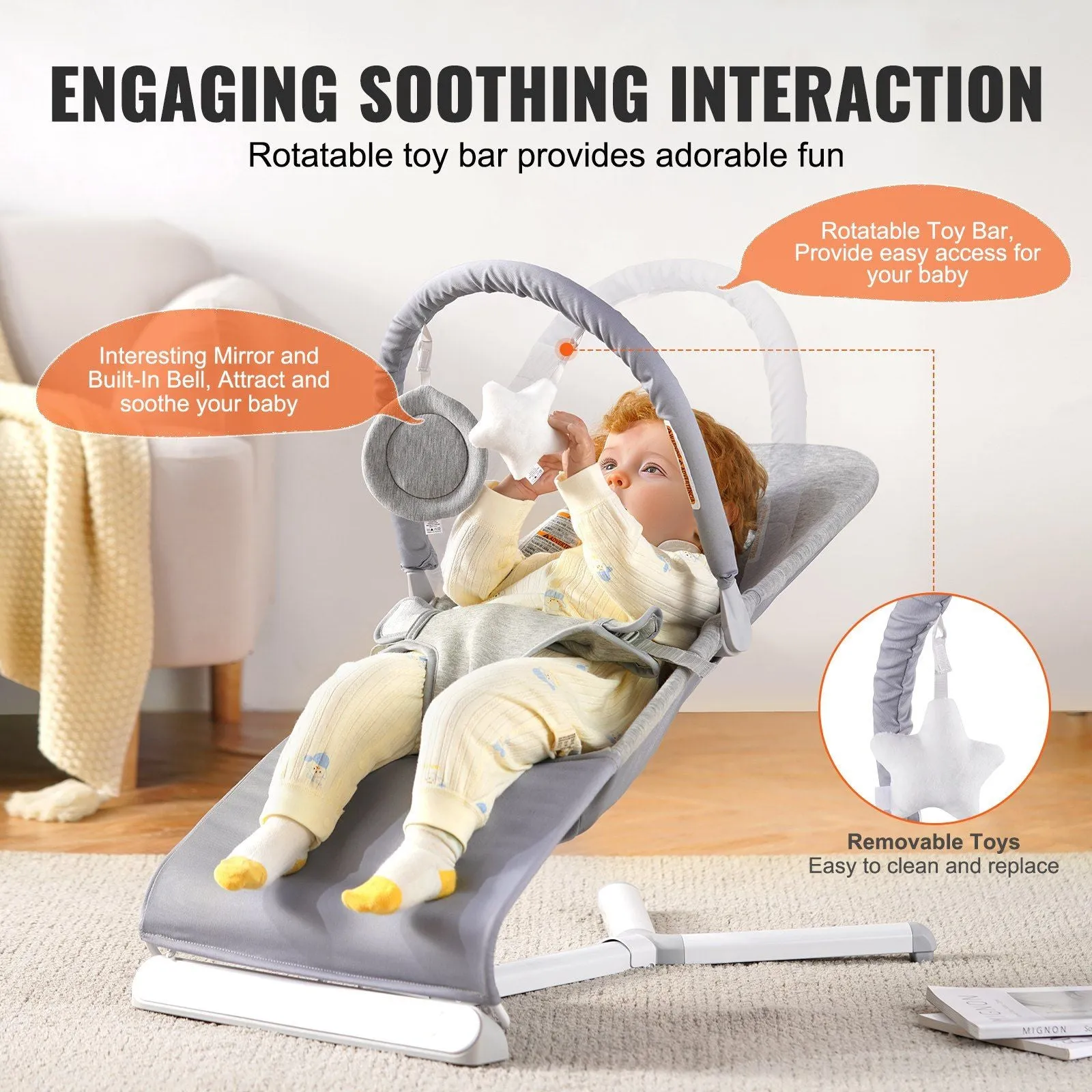 Folding Baby Bouncer Chair for Babies 0-9 Months with Toy Bar