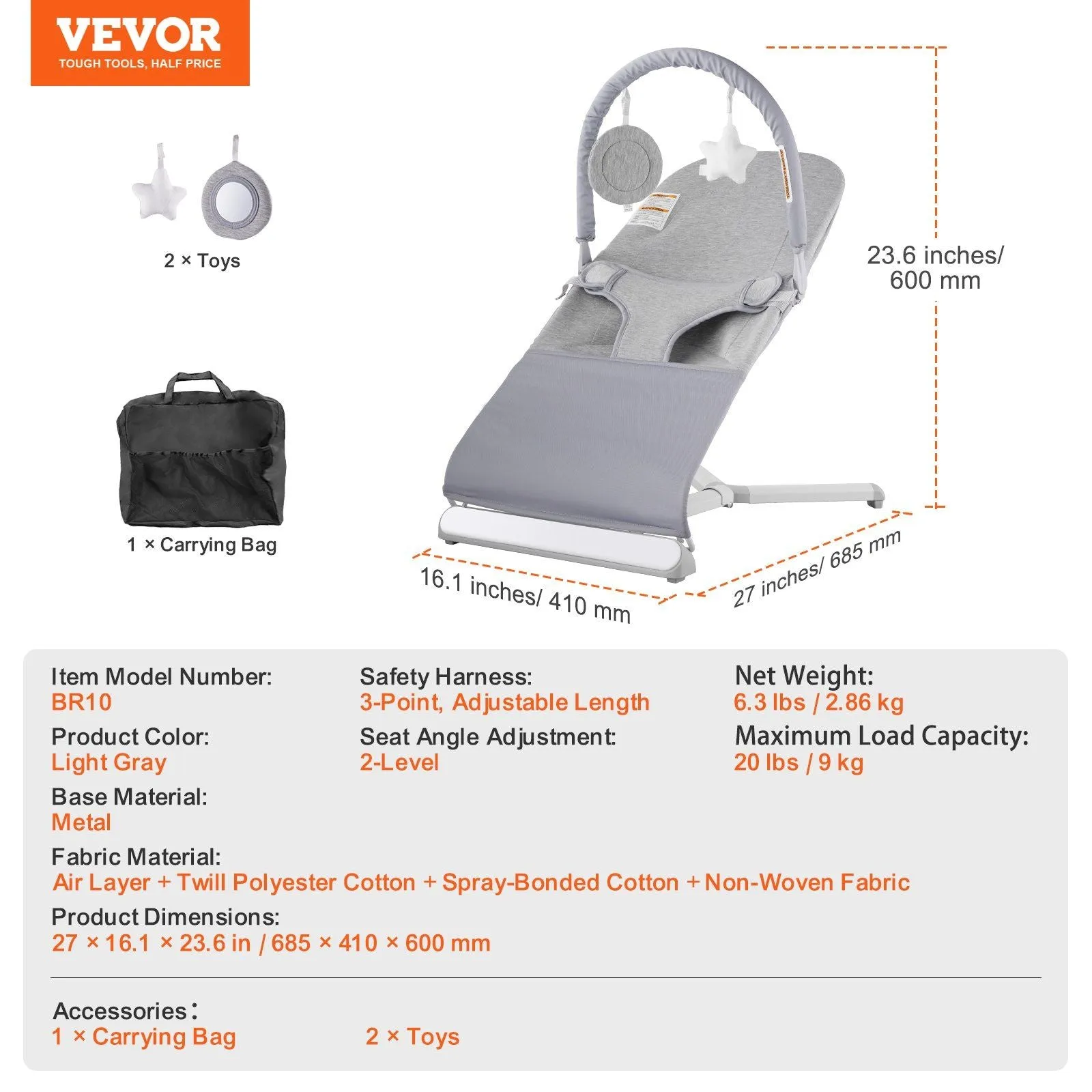 Folding Baby Bouncer Chair for Babies 0-9 Months with Toy Bar