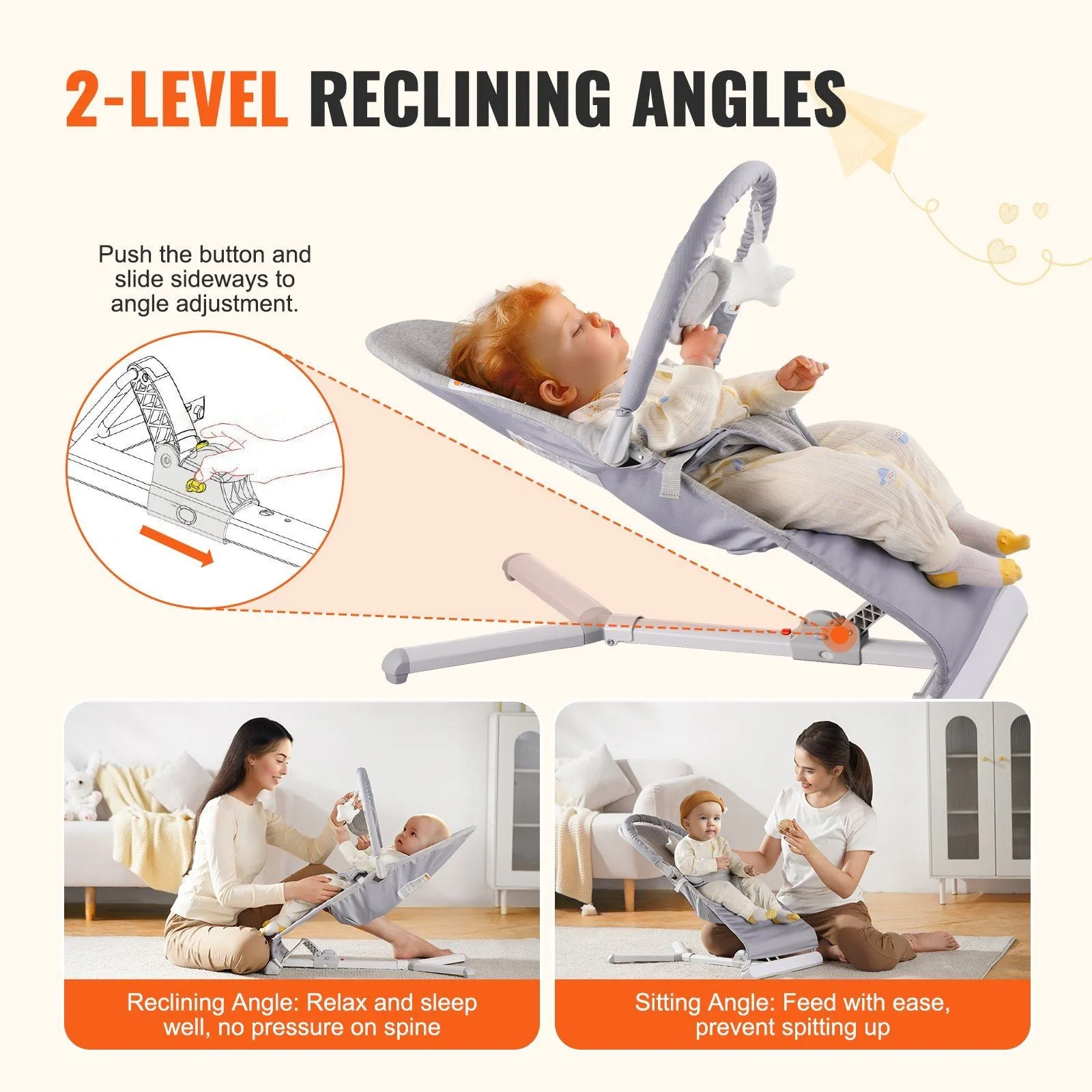 Folding Baby Bouncer Chair for Babies 0-9 Months with Toy Bar