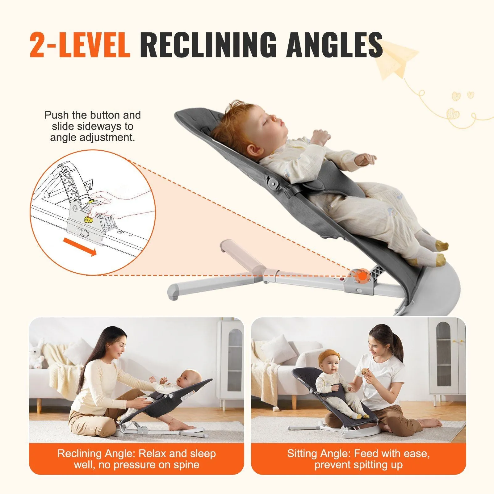 Folding Baby Bouncer Chair for Babies with 2 Reclining Angles