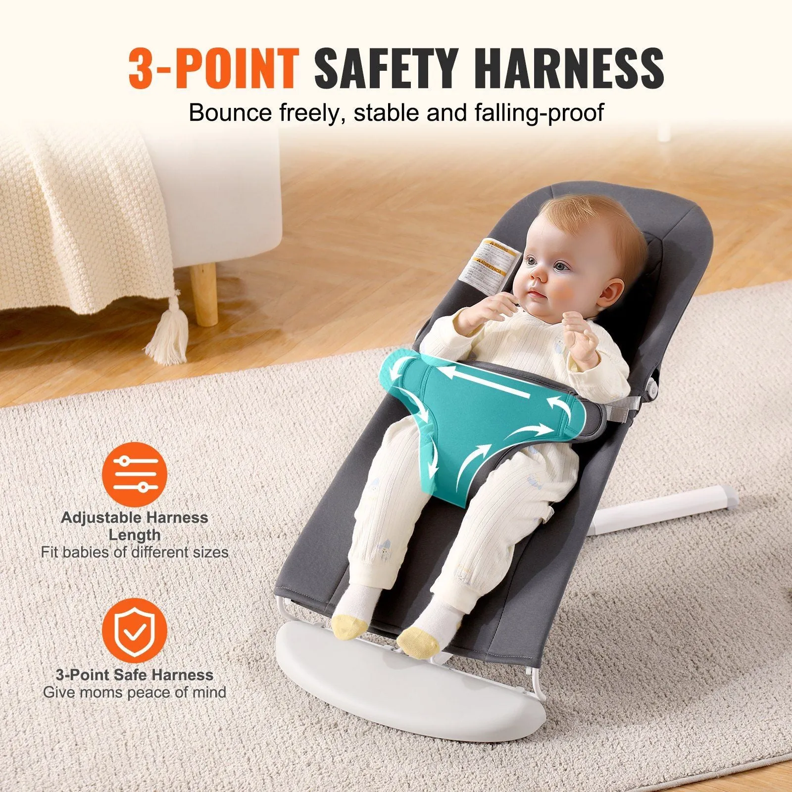 Folding Baby Bouncer Chair for Babies with 2 Reclining Angles