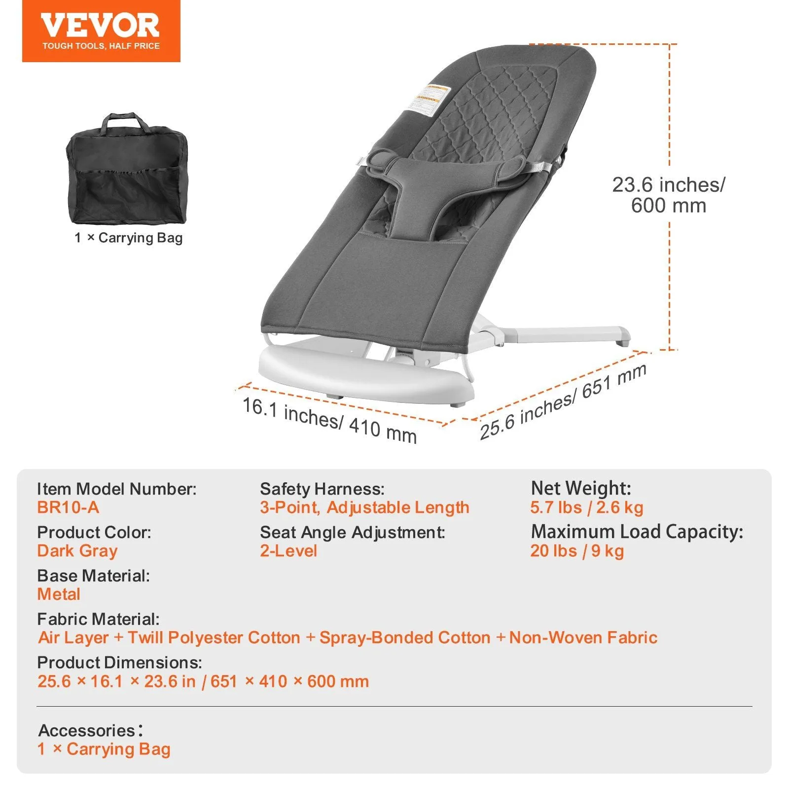 Folding Baby Bouncer Chair for Babies with 2 Reclining Angles