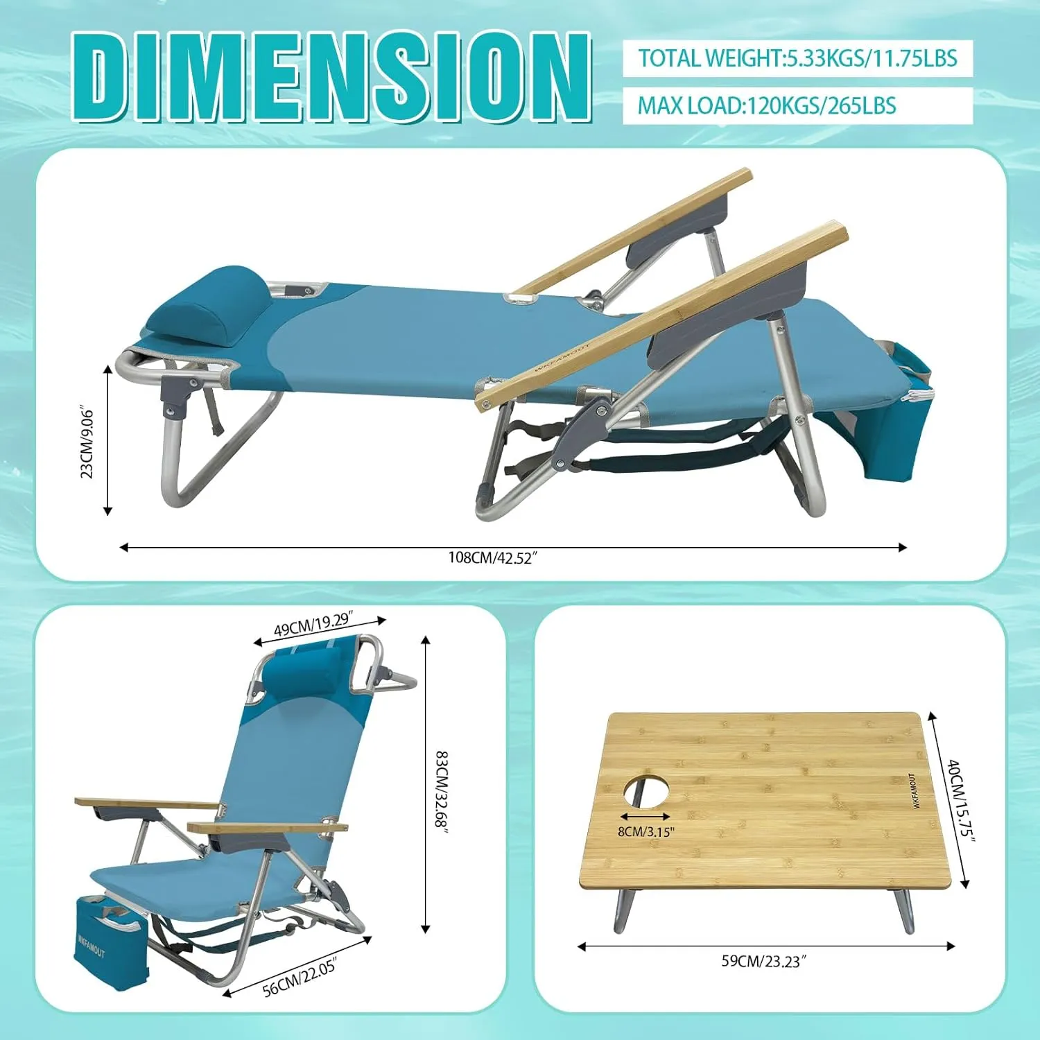 Folding Backpack Beach Chair 2 Pack Aluminum 5-Position with Samll Camping Table Bamboo Lay Flat Lounge Chair Outdoor for Adults with Insulated Cooler Bag