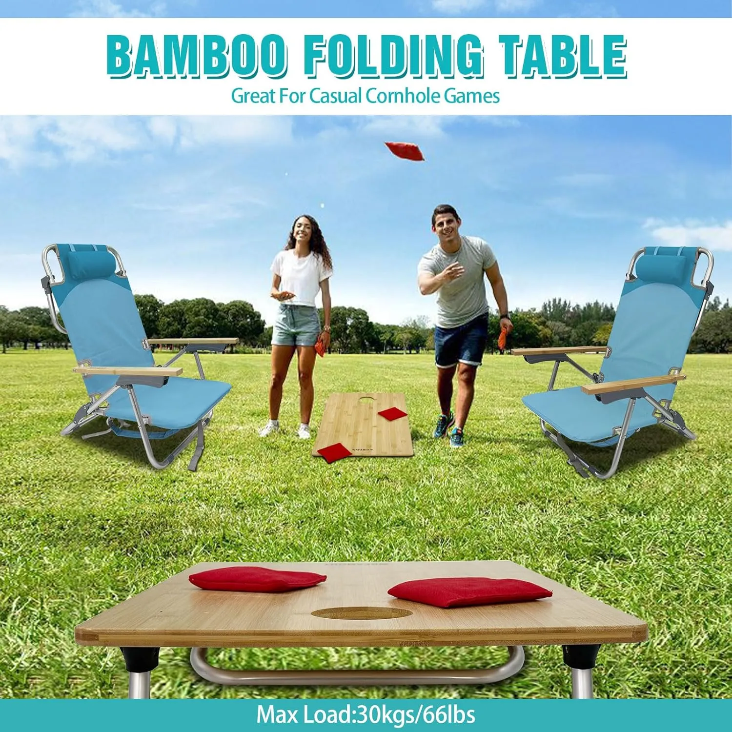 Folding Backpack Beach Chair 2 Pack Aluminum 5-Position with Samll Camping Table Bamboo Lay Flat Lounge Chair Outdoor for Adults with Insulated Cooler Bag