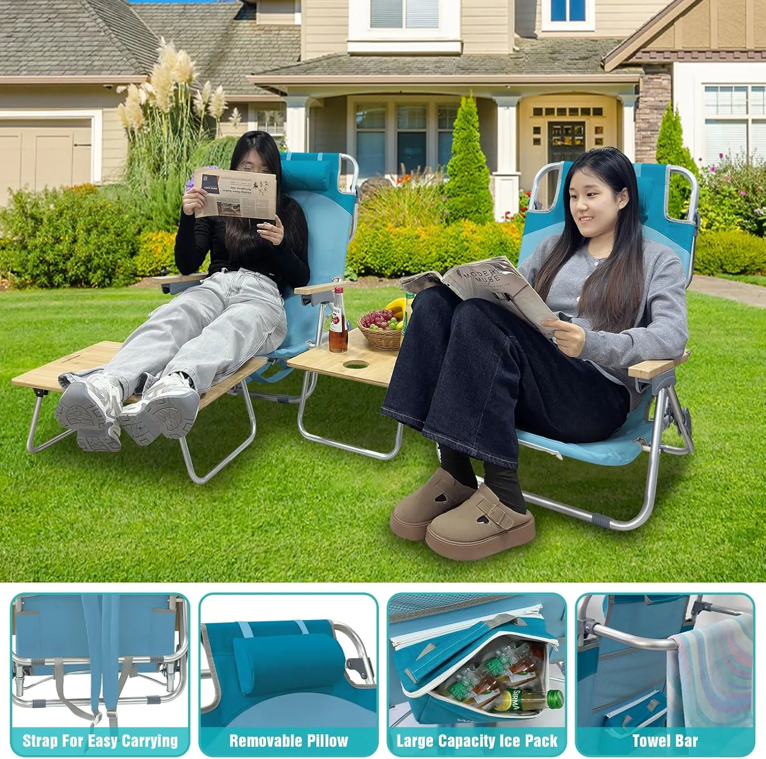 Folding Backpack Beach Chair 2 Pack Aluminum 5-Position with Samll Camping Table Bamboo Lay Flat Lounge Chair Outdoor for Adults with Insulated Cooler Bag