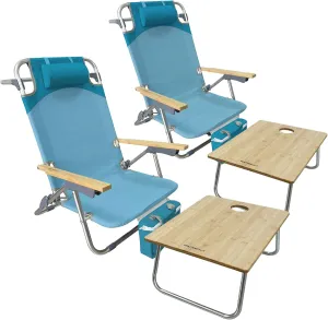 Folding Backpack Beach Chair 2 Pack Aluminum 5-Position with Samll Camping Table Bamboo Lay Flat Lounge Chair Outdoor for Adults with Insulated Cooler Bag