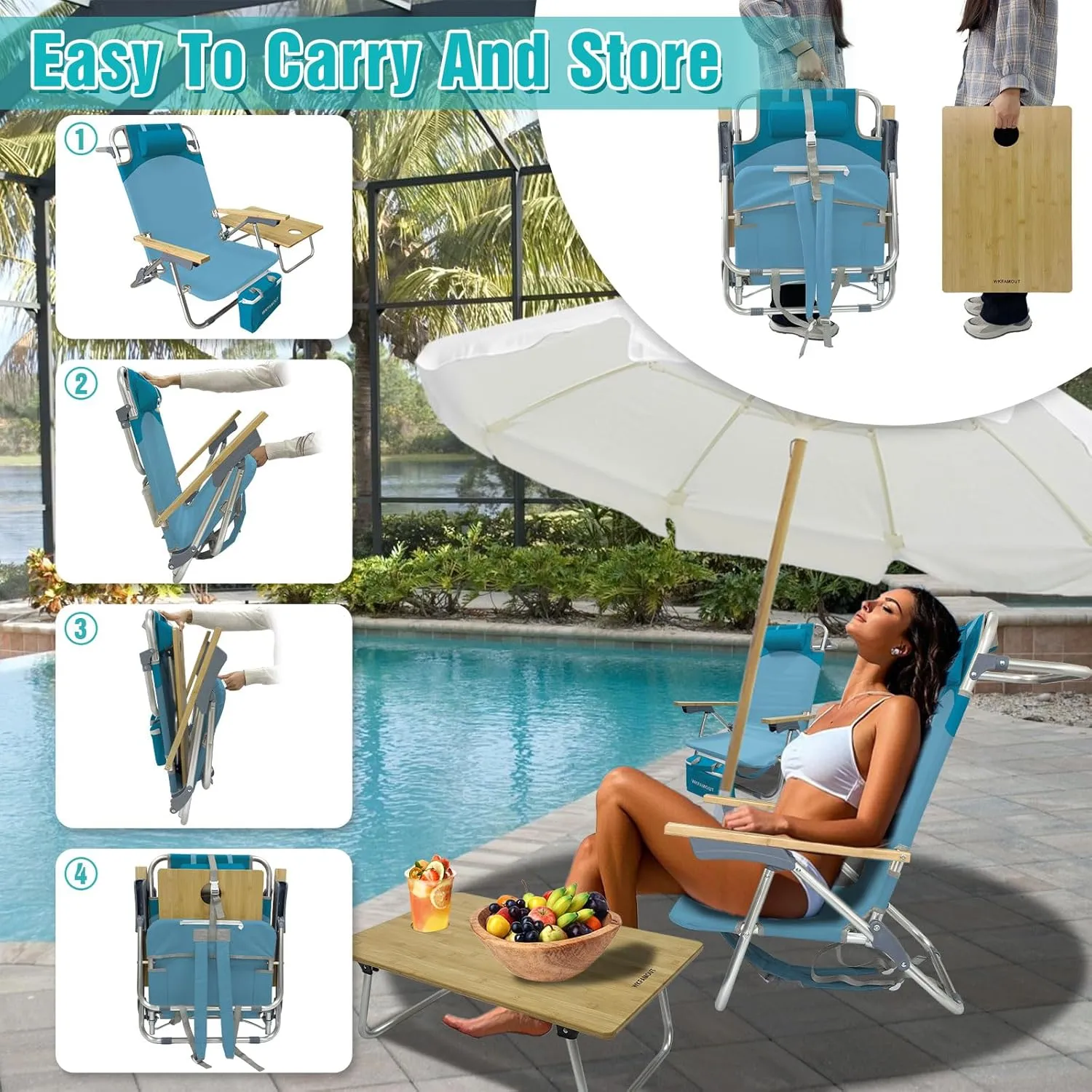 Folding Backpack Beach Chair 2 Pack Aluminum 5-Position with Samll Camping Table Bamboo Lay Flat Lounge Chair Outdoor for Adults with Insulated Cooler Bag