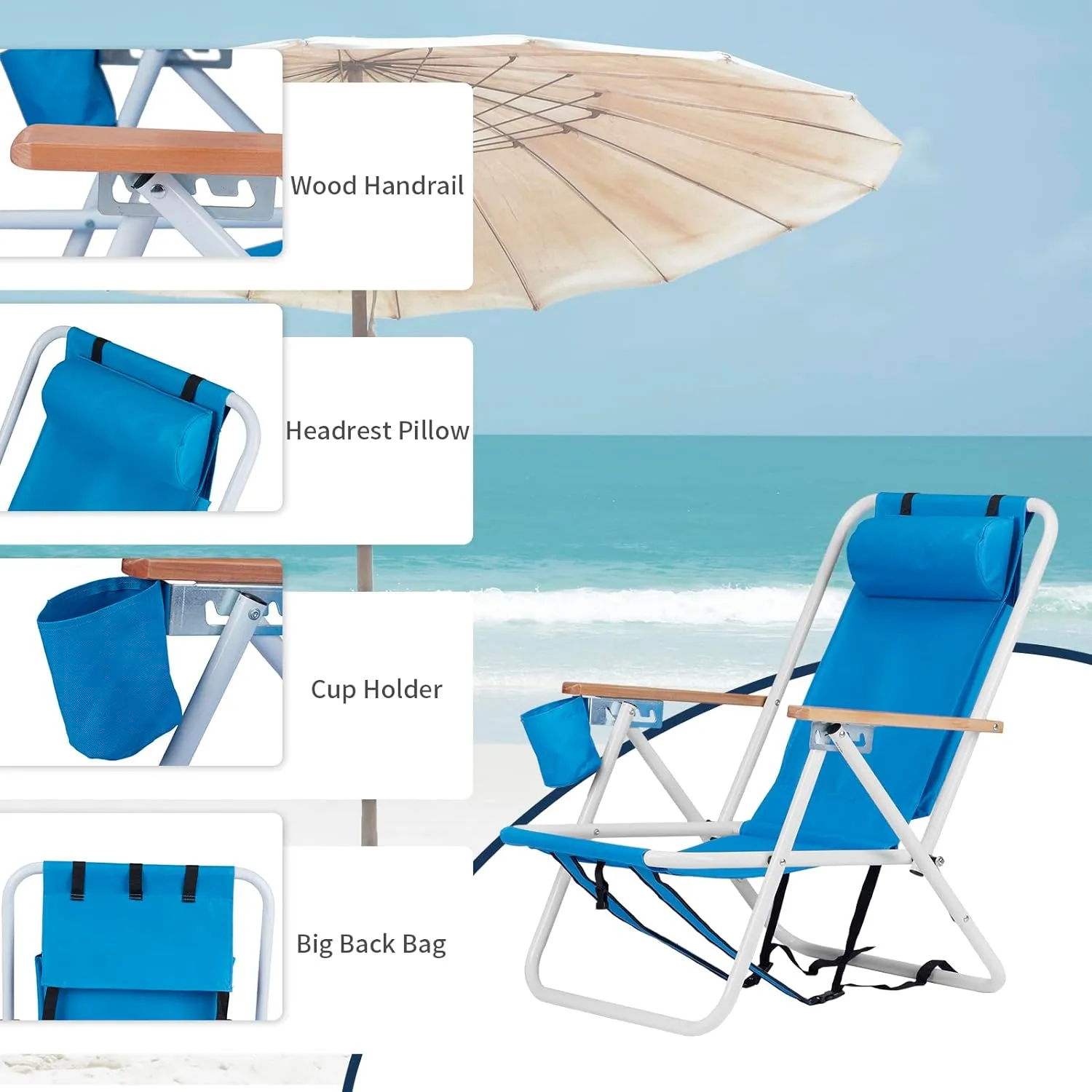 Folding Beach Chair, 4 Position Reclining Backpack Camping Chairs with Headrest Cup Holder Wooden Armrests Heavy Duty Portable Lounge Chairs for Beach Backyard Travel (2, Blue)
