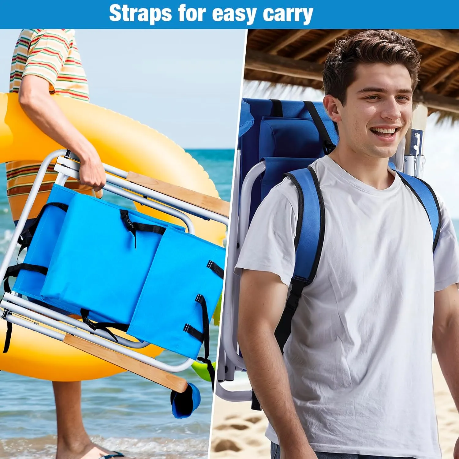 Folding Beach Chair, 4 Position Reclining Backpack Camping Chairs with Headrest Cup Holder Wooden Armrests Heavy Duty Portable Lounge Chairs for Beach Backyard Travel (2, Blue)