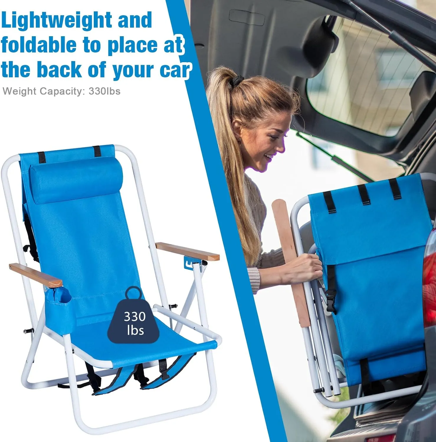 Folding Beach Chair, 4 Position Reclining Backpack Camping Chairs with Headrest Cup Holder Wooden Armrests Heavy Duty Portable Lounge Chairs for Beach Backyard Travel (2, Blue)