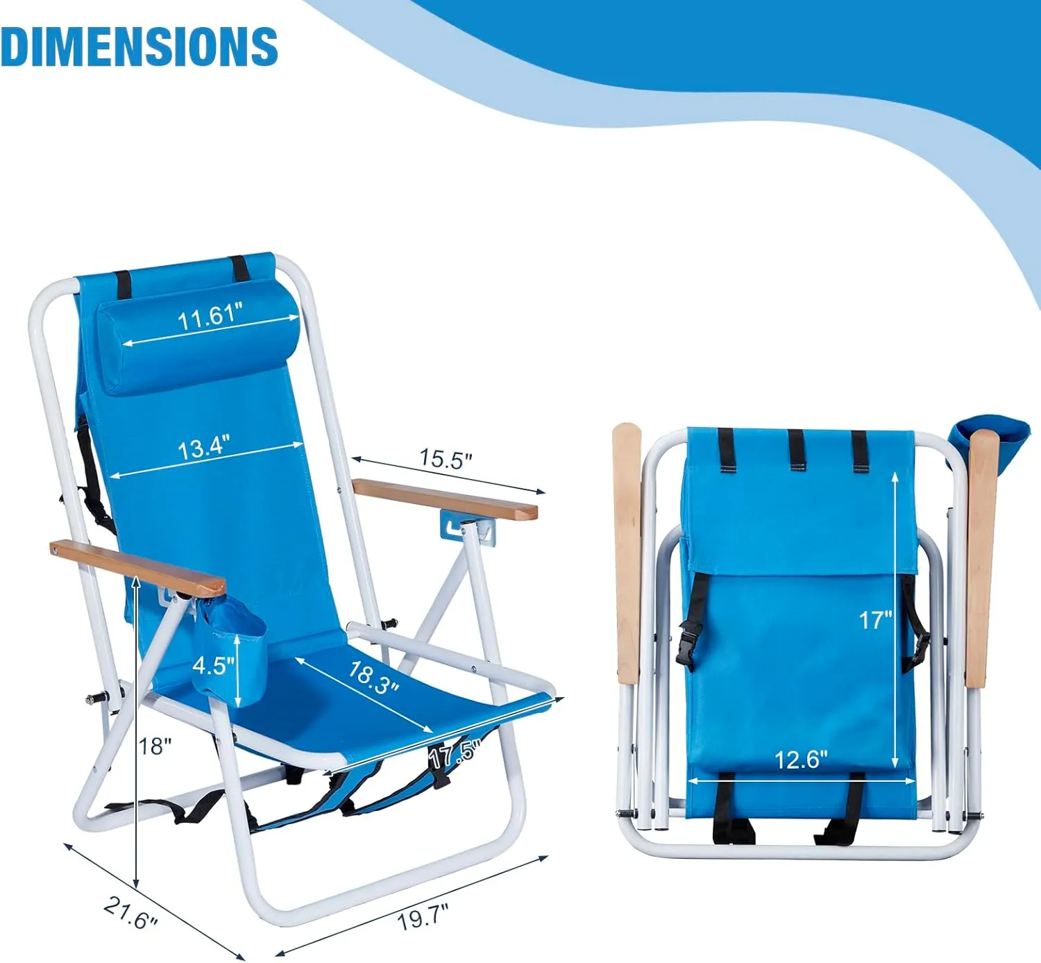 Folding Beach Chair, 4 Position Reclining Backpack Camping Chairs with Headrest Cup Holder Wooden Armrests Heavy Duty Portable Lounge Chairs for Beach Backyard Travel (2, Blue)