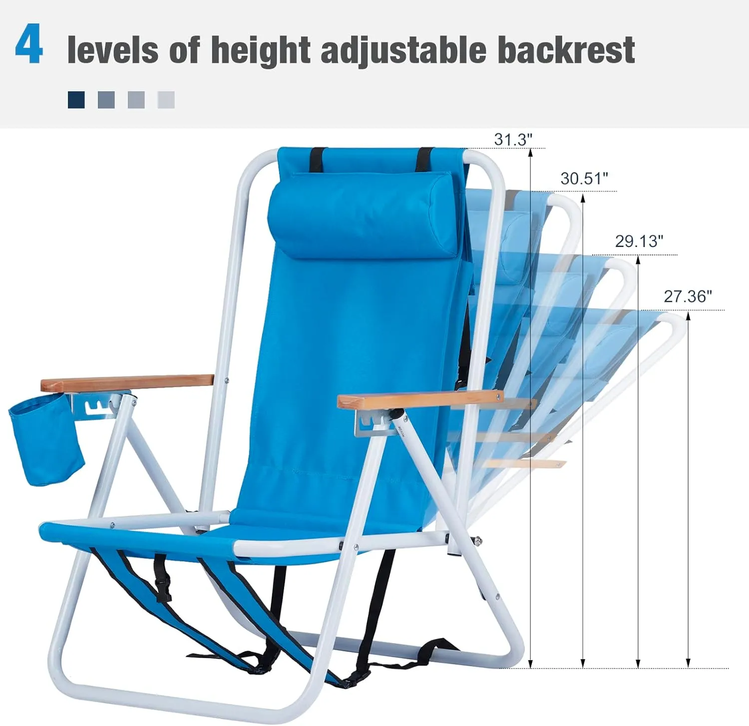 Folding Beach Chair, 4 Position Reclining Backpack Camping Chairs with Headrest Cup Holder Wooden Armrests Heavy Duty Portable Lounge Chairs for Beach Backyard Travel (2, Blue)