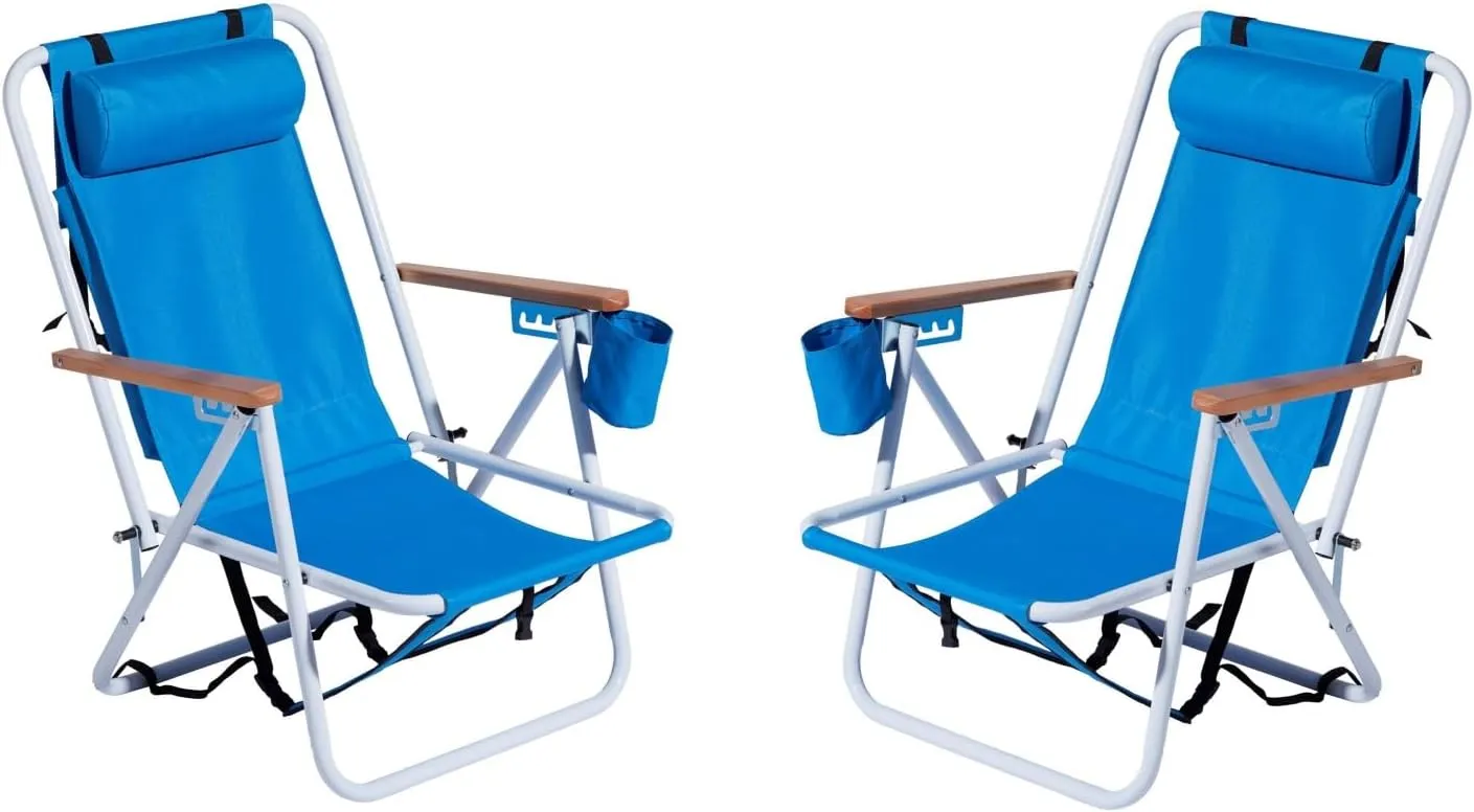 Folding Beach Chair, 4 Position Reclining Backpack Camping Chairs with Headrest Cup Holder Wooden Armrests Heavy Duty Portable Lounge Chairs for Beach Backyard Travel (2, Blue)