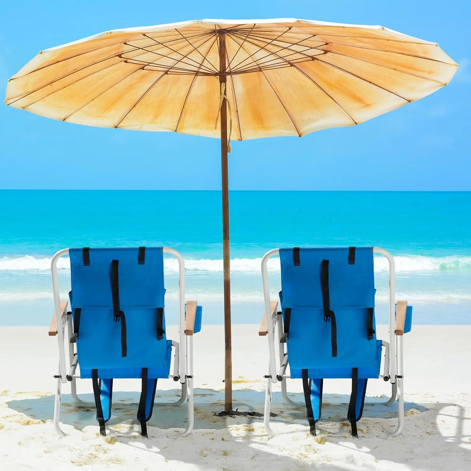 Folding Beach Chair, 4 Position Reclining Backpack Camping Chairs with Headrest Cup Holder Wooden Armrests Heavy Duty Portable Lounge Chairs for Beach Backyard Travel (2, Blue)