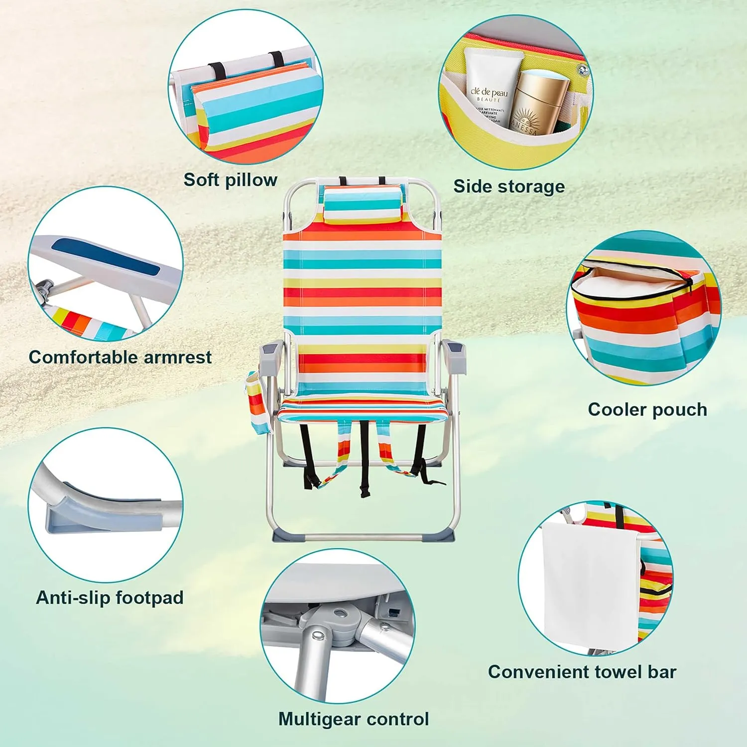 Folding Beach Chair, Heavy Duty Portable Compact Lawn Chair for Outdoor Camp, Travel, Camping, Picnic, Festival, Hiking, Lightweight Backpacking, Stable Load 220 LBS, Rainbow Stripes