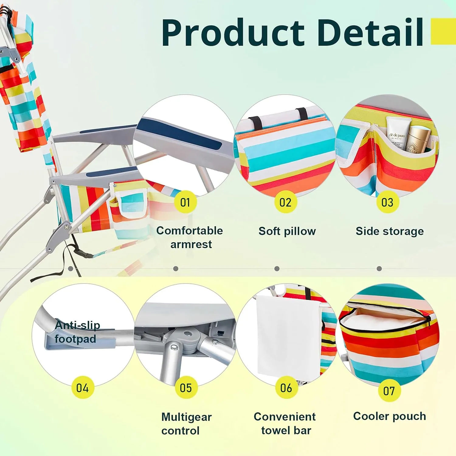 Folding Beach Chair, Heavy Duty Portable Compact Lawn Chair for Outdoor Camp, Travel, Camping, Picnic, Festival, Hiking, Lightweight Backpacking, Stable Load 220 LBS, Rainbow Stripes